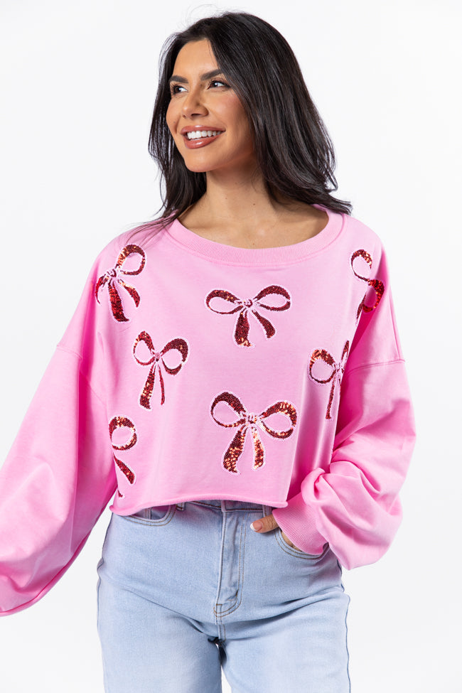Pink Sequin Bow Patch Cropped Sweatshirt for Women - Trendy Wrapped Around My Finger Design - Perfect for Parties, Date Nights & Casual Outfits - Final Sale