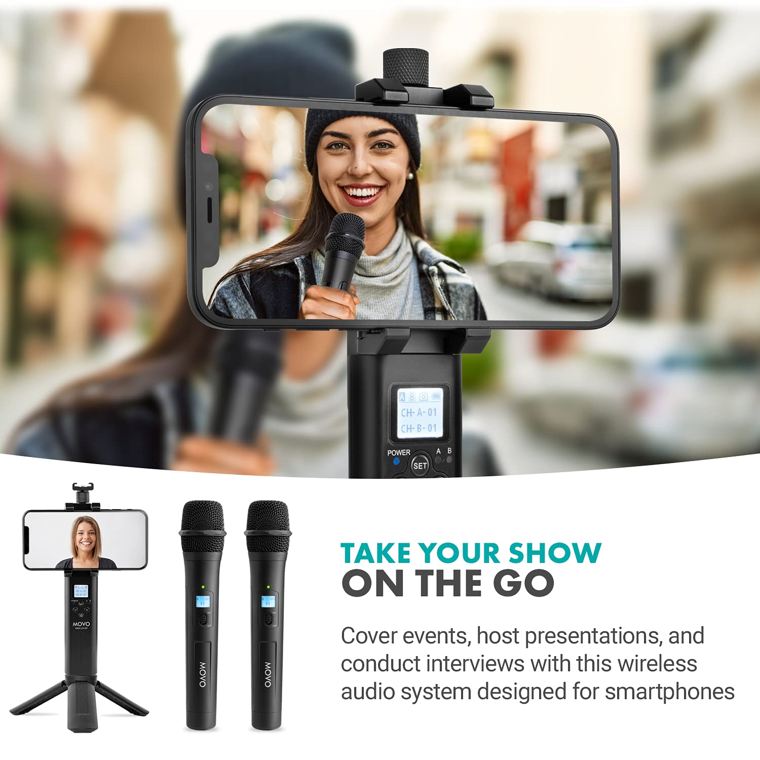 Movo 48-Channel UHF Wireless Microphone System with 2 Handheld Mics & Smartphone Receiver - Professional Cordless Mic Kit for Interviews, Vlogging, Reporting & Live Streaming - Includes Mini Tripod for Mobile Recording