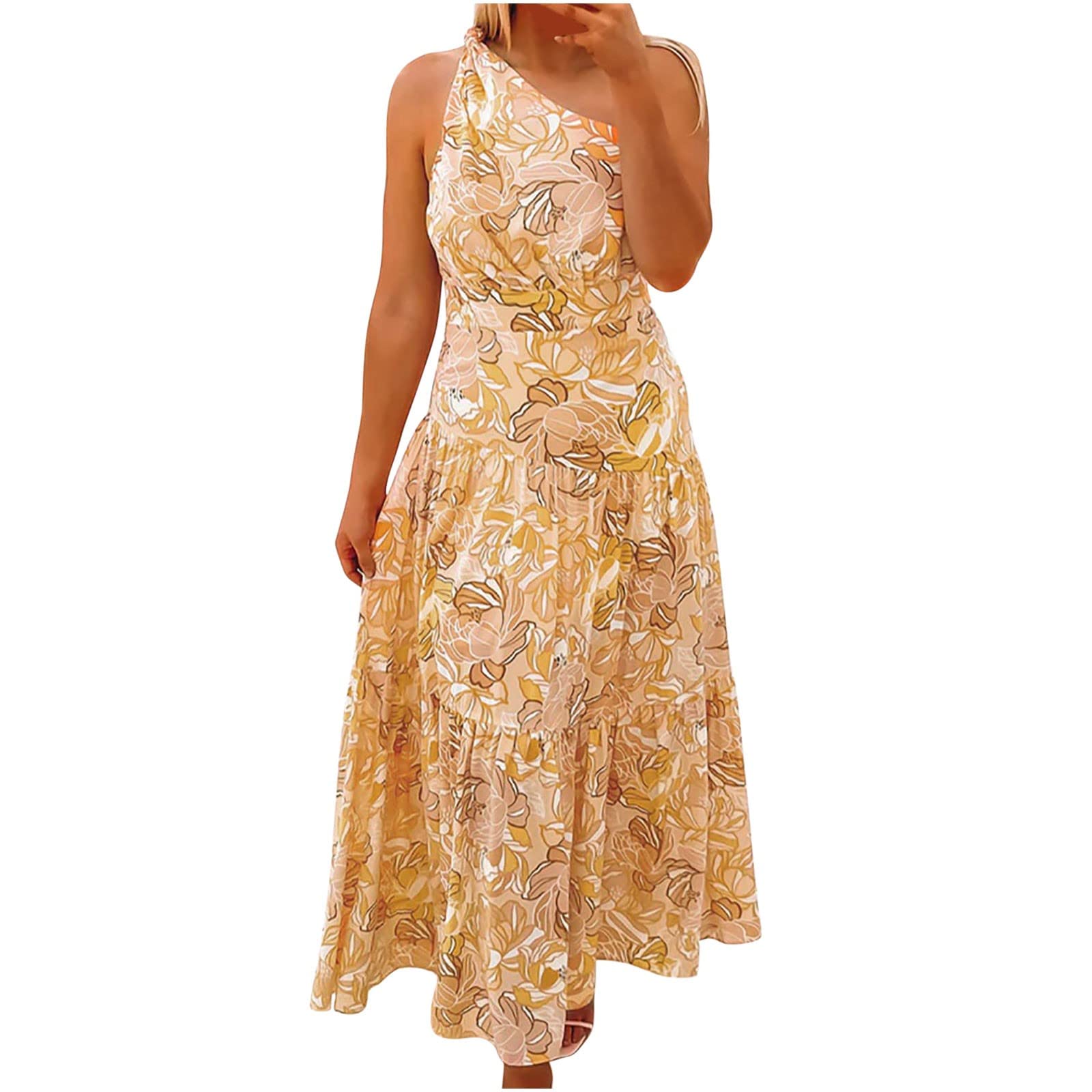 Women's Sleeveless Abstract Marble Print Palm Leaf Floral Midi Dress with Pockets - Round Neck Slim Fit Summer Beach Dress for Vacation, Party & Casual Wear