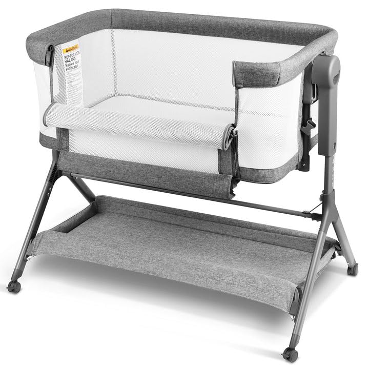 3-in-1 Baby Bassinet with Adjustable Height & Breathable Mesh - Portable Bedside Sleeper, Rocking Crib with Comfortable Mattress - Easy Assembly, Quiet Rolling Wheels for Nursery (Grey, 0-5 Months) - Perfect for Newborns, Nighttime Feeding & Co-Sleeping