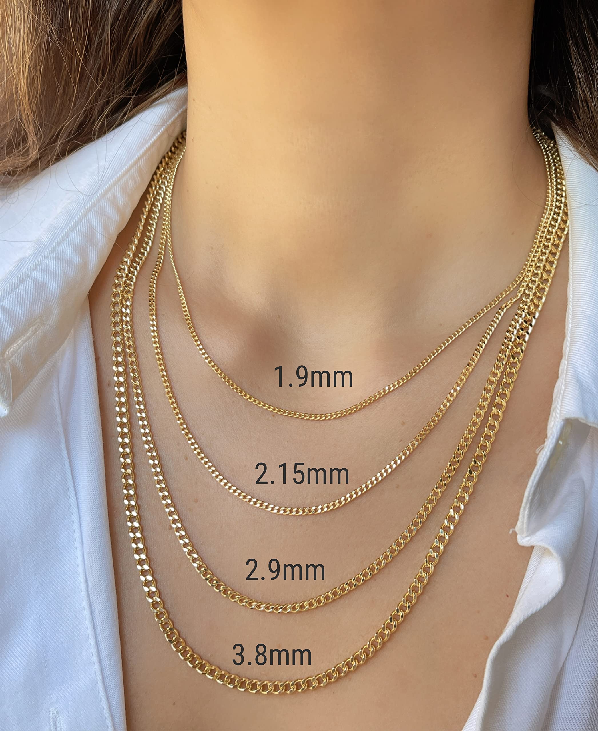 14K Real Gold Cuban Link Chain Necklace for Men & Women - 1.9mm to 4.75mm Diamond Cut Concave Curb Chain with Lobster Clasp (16