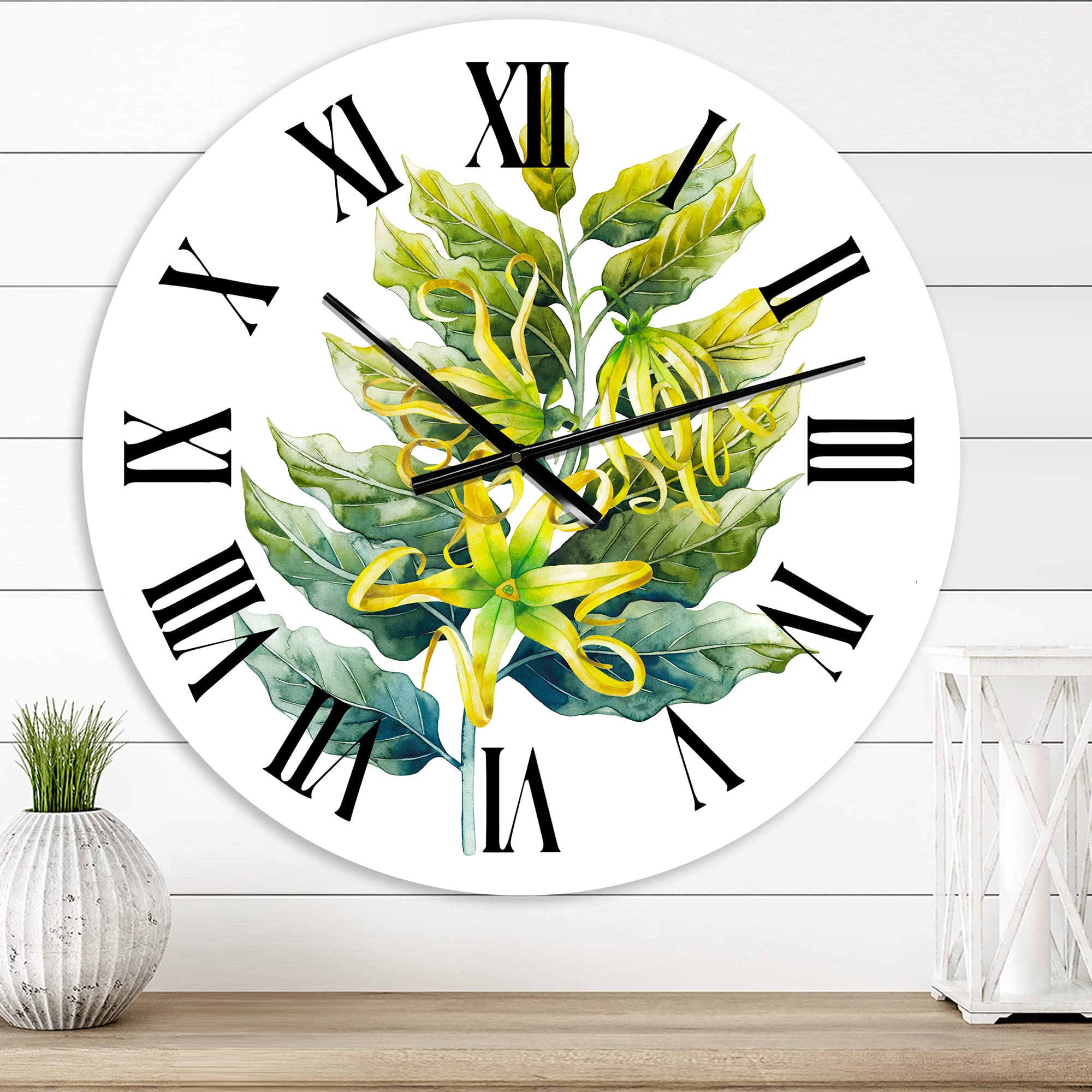 DesignQ Traditional Wall Clock 'Ylang Ylang Flower' - Large Floral & Botanical Wall Clock for Kitchen, Living Room, Bedroom Decor | Perfect for Home, Office & Gift Giving