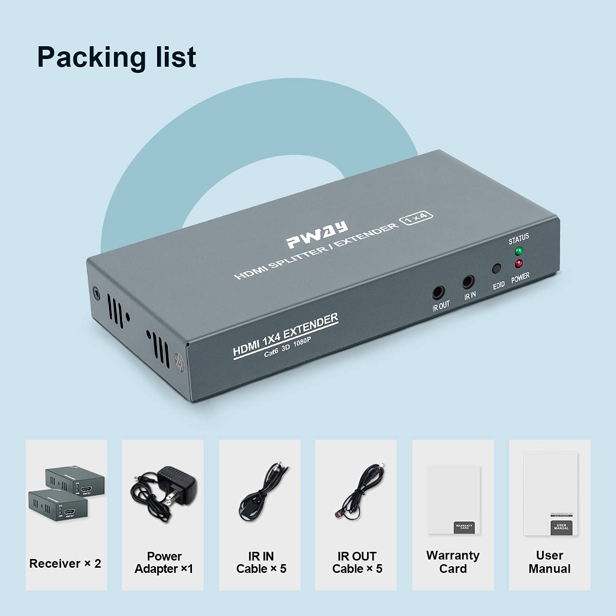 1x4 HDMI Extender Splitter Over Cat5e/Cat6/Cat7 Ethernet Cable - 50m/165ft Range with EDID Management, Bi-Directional IR & POC - Supports 1080P@60Hz 3D (1 Input 4 Output) - Perfect for Home Theater, Conference Rooms & Multi-Screen Displays