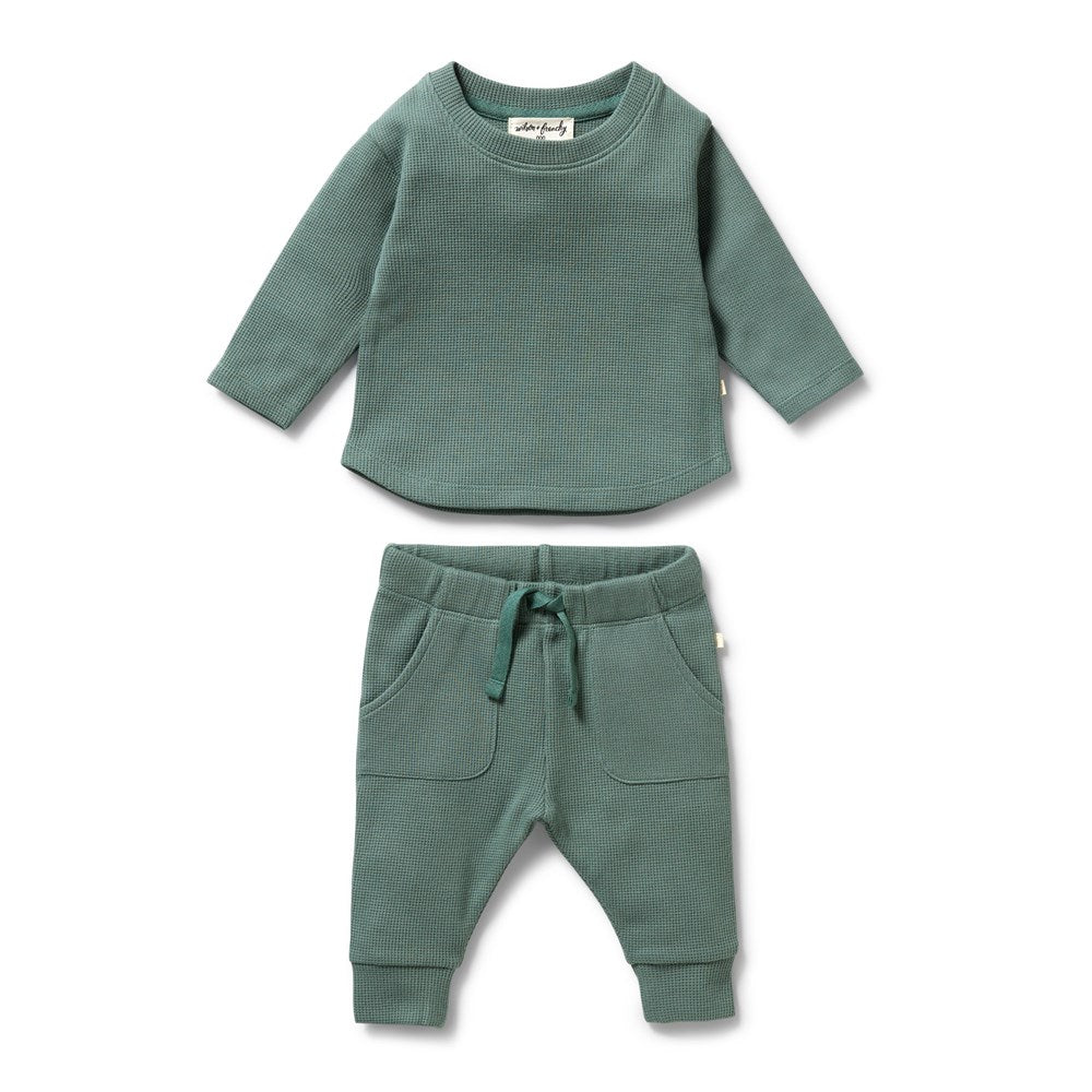 Organic Pine Green Waffle Knit Set - Soft & Breathable Cotton Waffle Weave Pajamas for Women - Perfect for Lounge, Sleep & Relaxation at Home