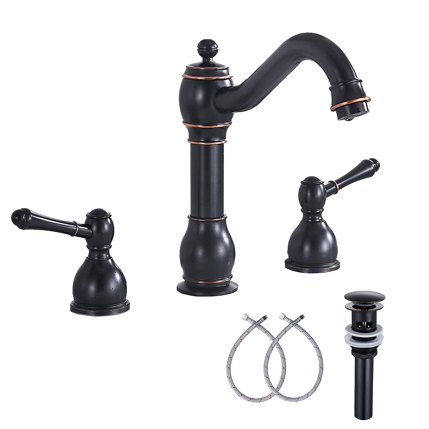 GGStudy Oil Rubbed Bronze 8-Inch Widespread Bathroom Faucet - 2 Handle 3 Hole Brass Sink Faucet with Pop-Up Drain - Perfect for Modern Bathroom & Powder Room Renovation
