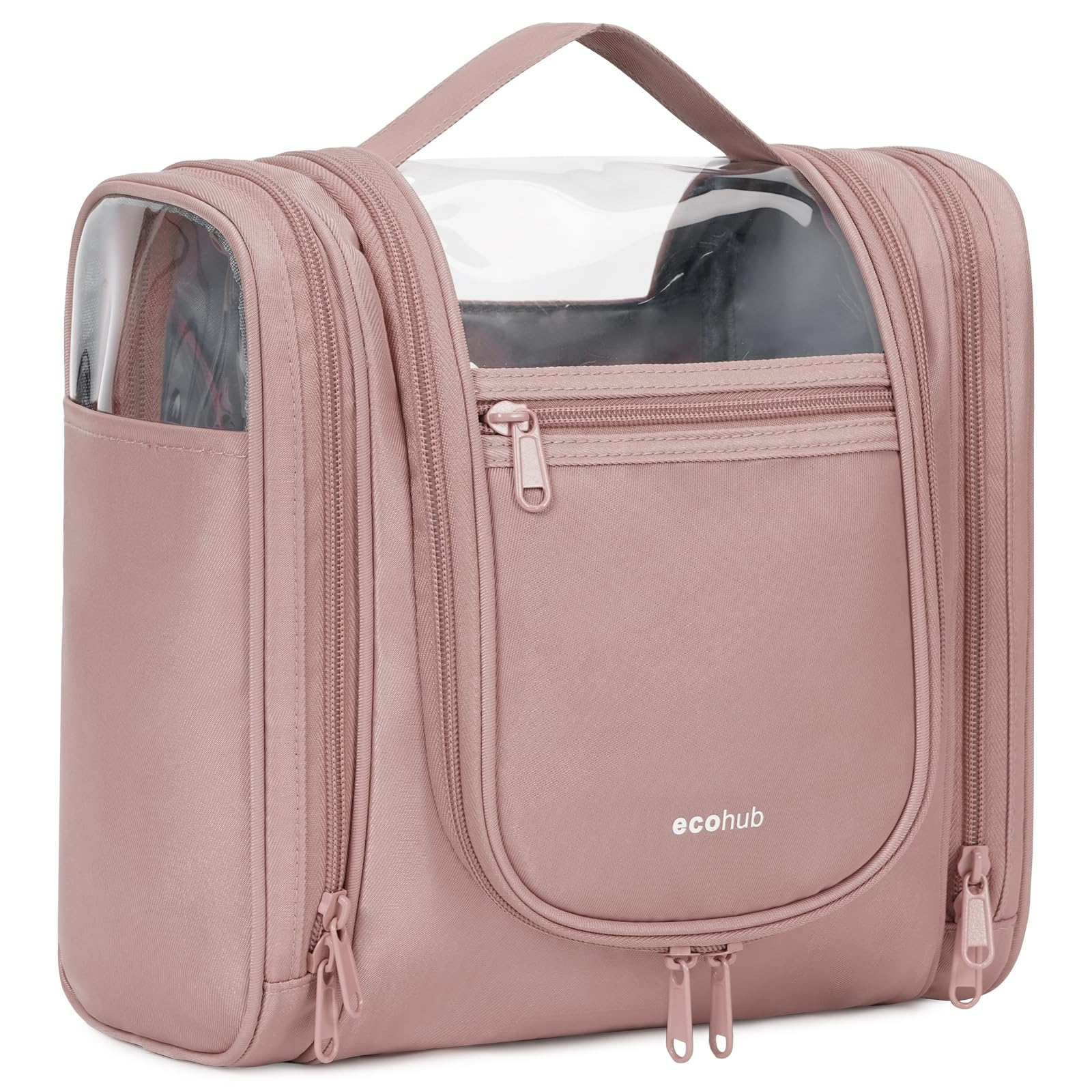 ECOHUB Hanging Travel Toiletry Bag for Women - Waterproof Makeup Organizer with Full-Size Containers, Pink Cosmetic Bag for Bathroom Essentials (Ideal for Vacation, Business Trips & Gym Use) - PATENT PENDING