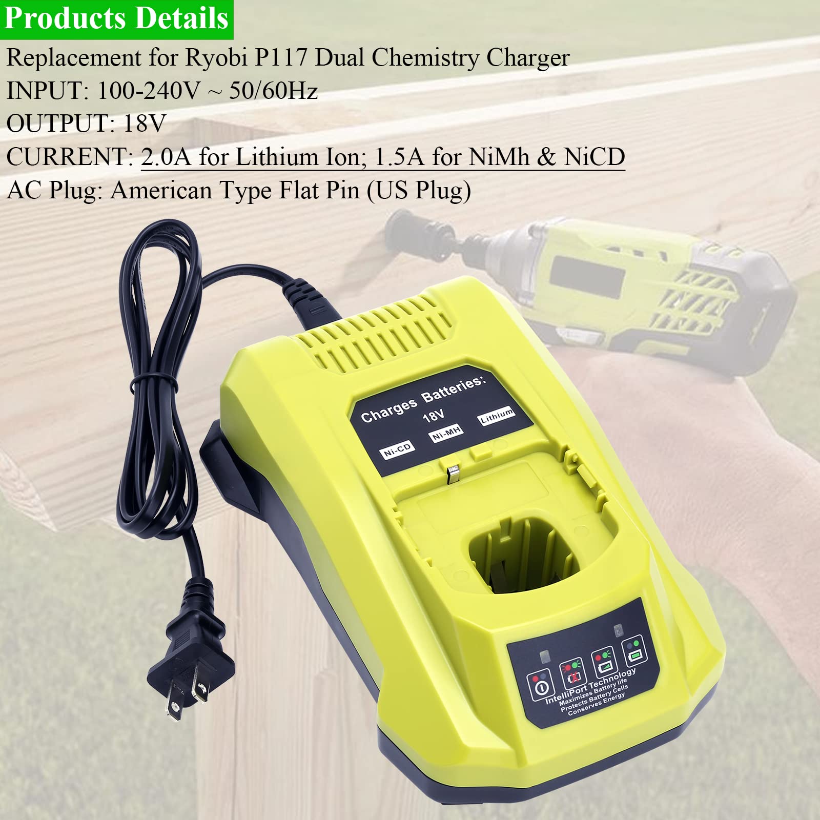 Lasica Replacement Battery Charger for Ryobi P117 18V - Compatible with Ryobi ONE+ Plus 12V-18V Cordless Power Tools - Perfect for Drills, Saws & Outdoor Equipment Charging