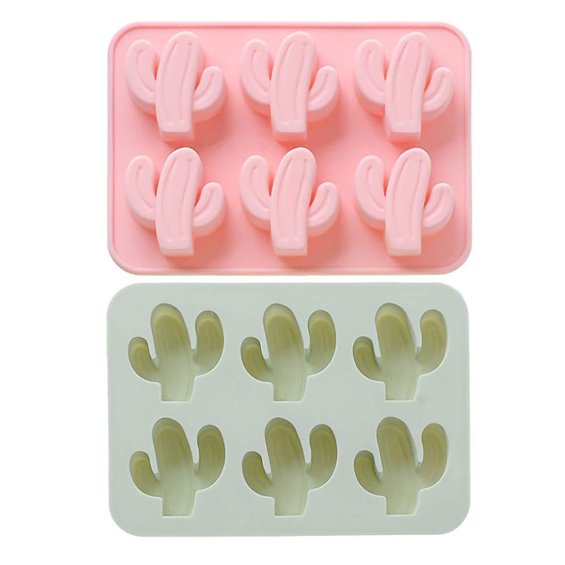 2-Pack Cactus Ice Cube Tray - Silicone Mold for Ice Cubes, Chocolate, Candy, Gummy, Jello, Baking, Soap & Lotion Bars - 6-Cavity Pink/Green Cacti Design - Perfect for Cocktails, Desserts & DIY Crafts