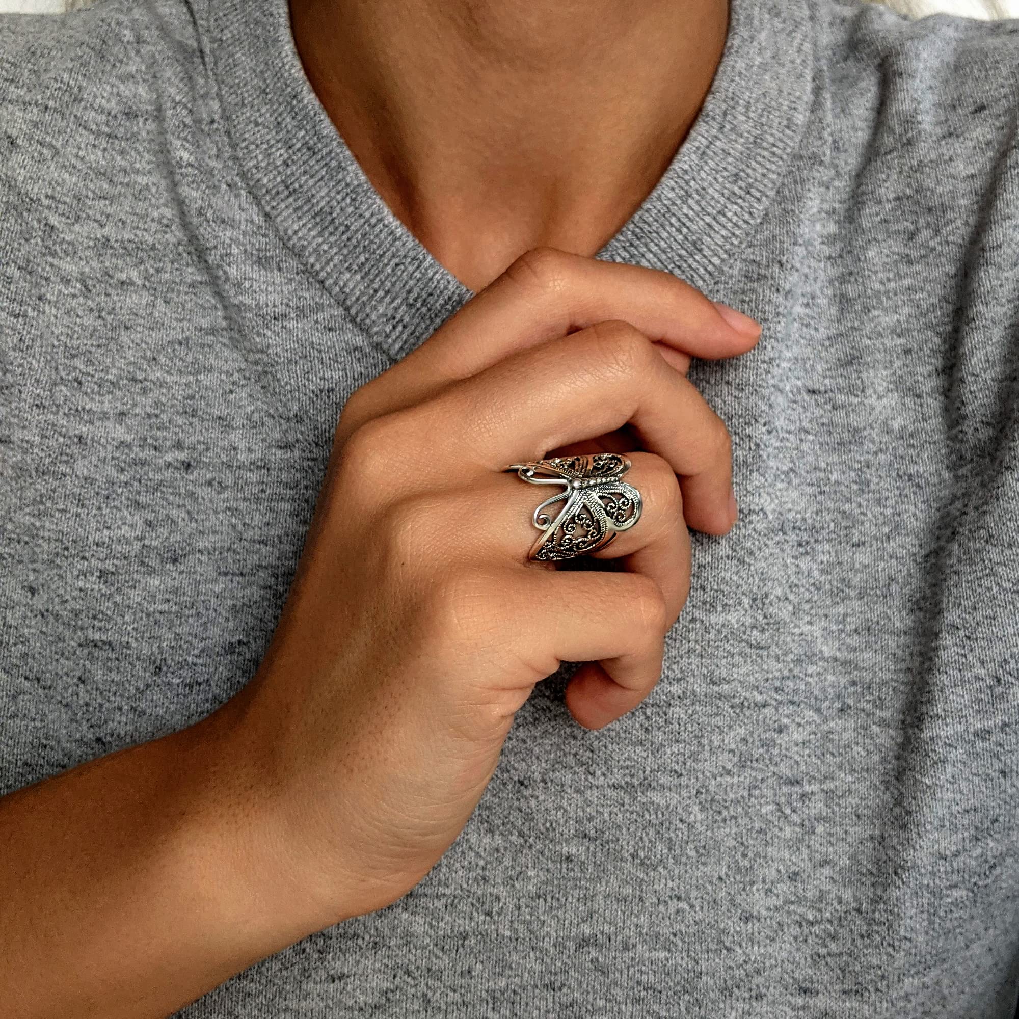 925 Sterling Silver Butterfly Ring for Women - Elegant 22.7mm Filigree Promise Ring, Thumb Ring & Bridesmaid Jewelry - Perfect for Weddings, Parties & Everyday Wear
