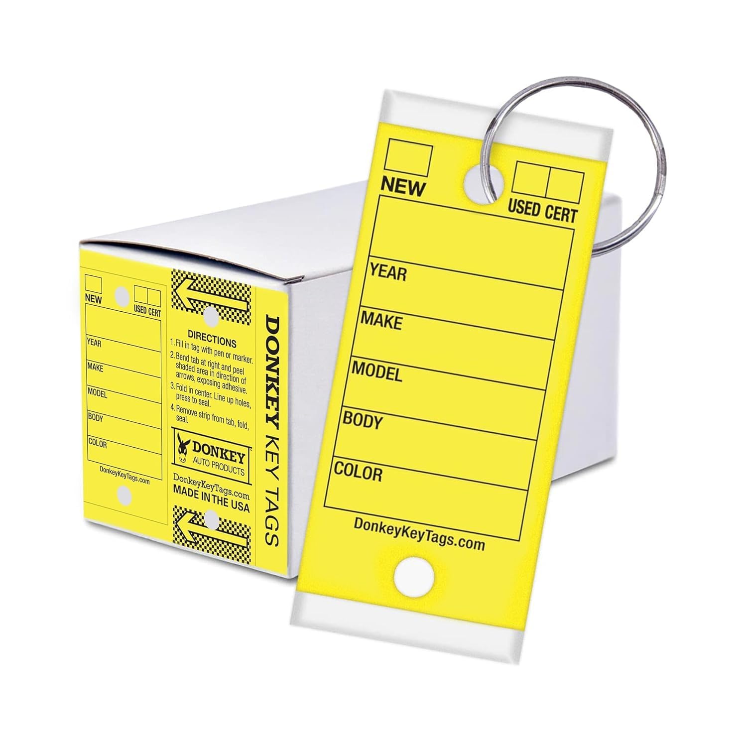 Durable Donkey Key Tags with Metal Rings - 250 Laminated Self-Protecting Key Tags per Box (Yellow) | Ideal for Farm, Ranch, Livestock Management & Animal Identification