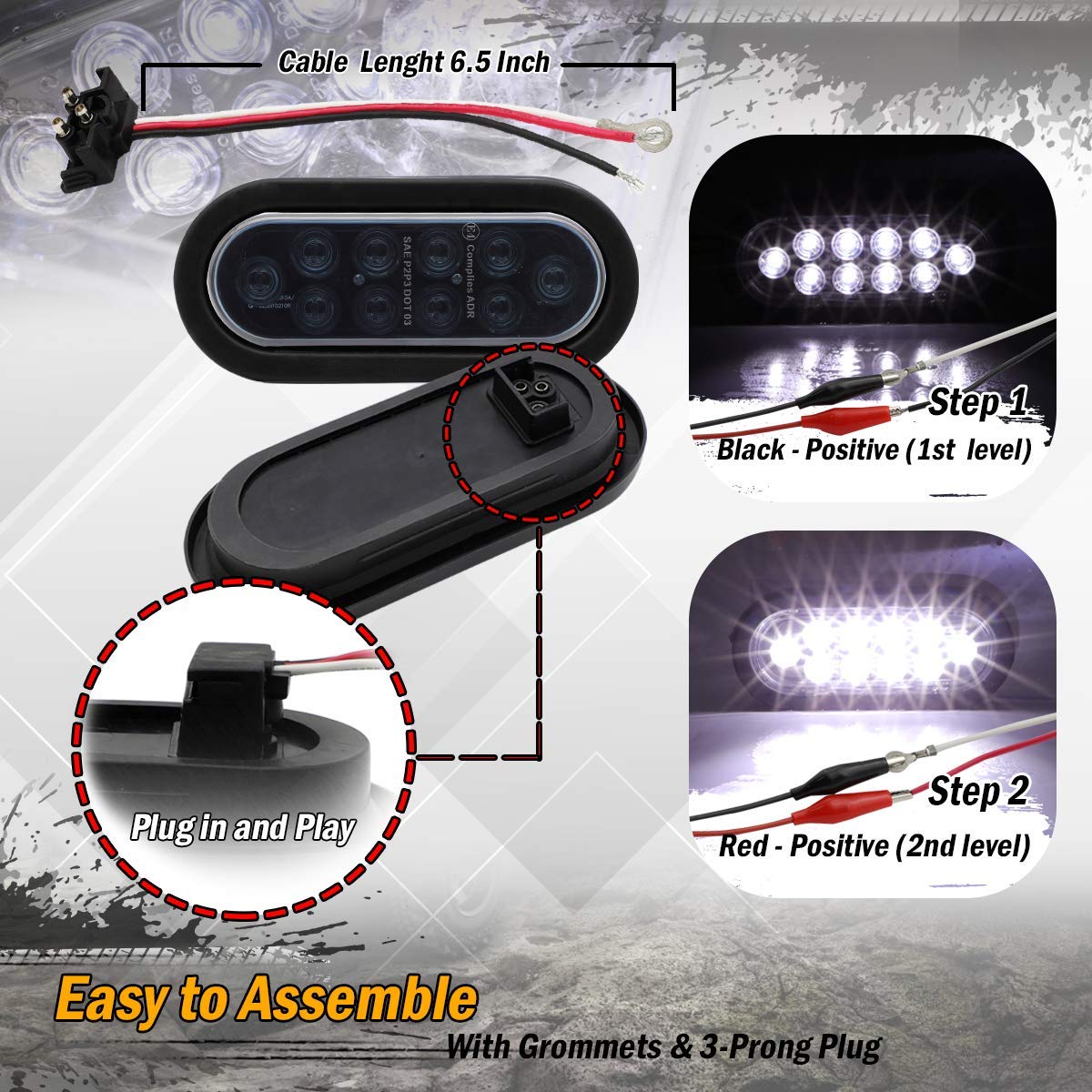 2 Pack 6 Inch Oval Smoked Lens White 10 LED Reverse Backup Lights with 3 Prong Plug - Waterproof 12V DC for Trailers, Trucks, RVs, Boats & Vans - Perfect for Nighttime Parking and Low Visibility Conditions