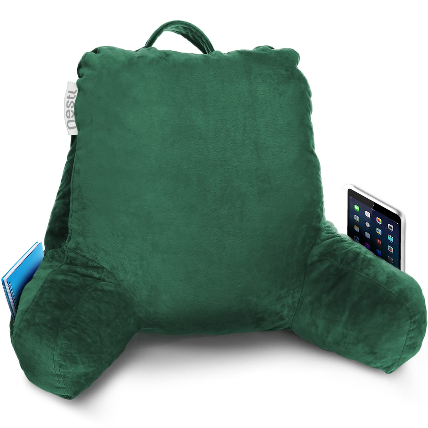 Nestl Reading Pillow with Shredded Memory Foam - Standard Bed Back Support Pillow for Sitting, Reading & Relaxing - Dark Green Armchair Pillow with Pockets (Perfect for Bed, Sofa & Office Use)