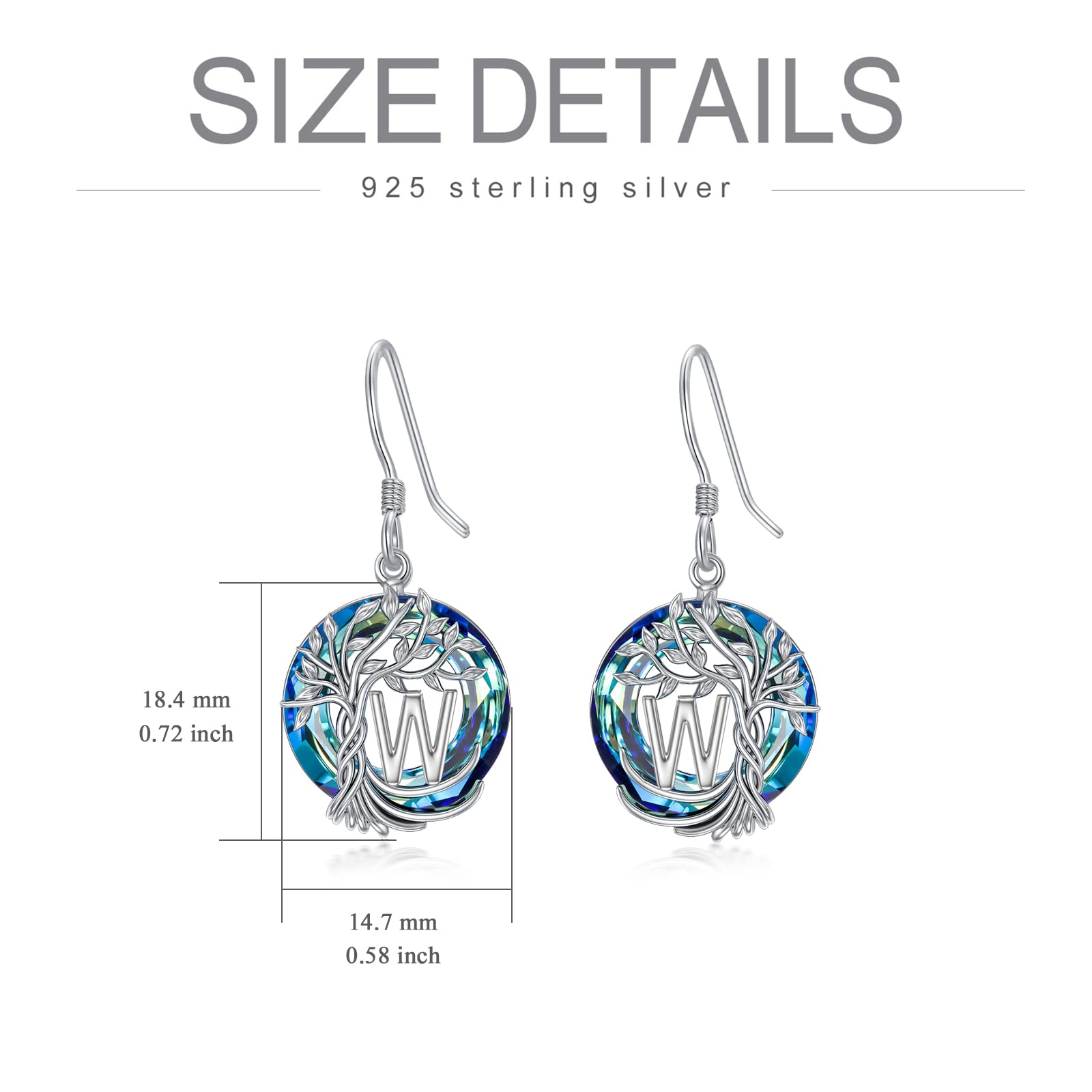 TOUPOP Sterling Silver Tree of Life Initial Earrings with Blue Crystal - Personalized A-Z Letter Drop Dangle Earrings for Women | Valentine's Day, Anniversary & Birthday Gift for Her, Girlfriend or Mom | Perfect for Date Nights, Weddings & Special Occasions