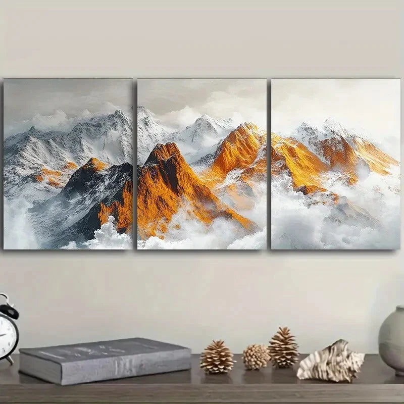 3-Piece Golden and Silvery Mountains Metal Wall Art - Ready to Hang Landscape Prints for Living Room, Bedroom & Office Decor