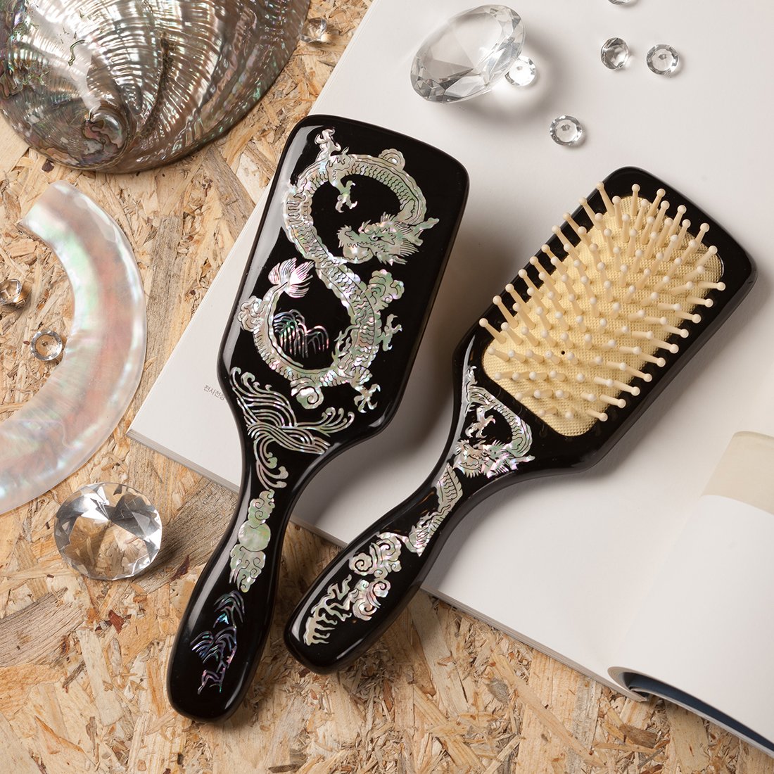 Premium Black Men's Hair Brush with Mother of Pearl Inlay & Wooden Handle - Detangling, Anti-Static, Scalp Massage Comb for Smooth Styling - Perfect for Daily Grooming, Travel & Luxury Gift Giving