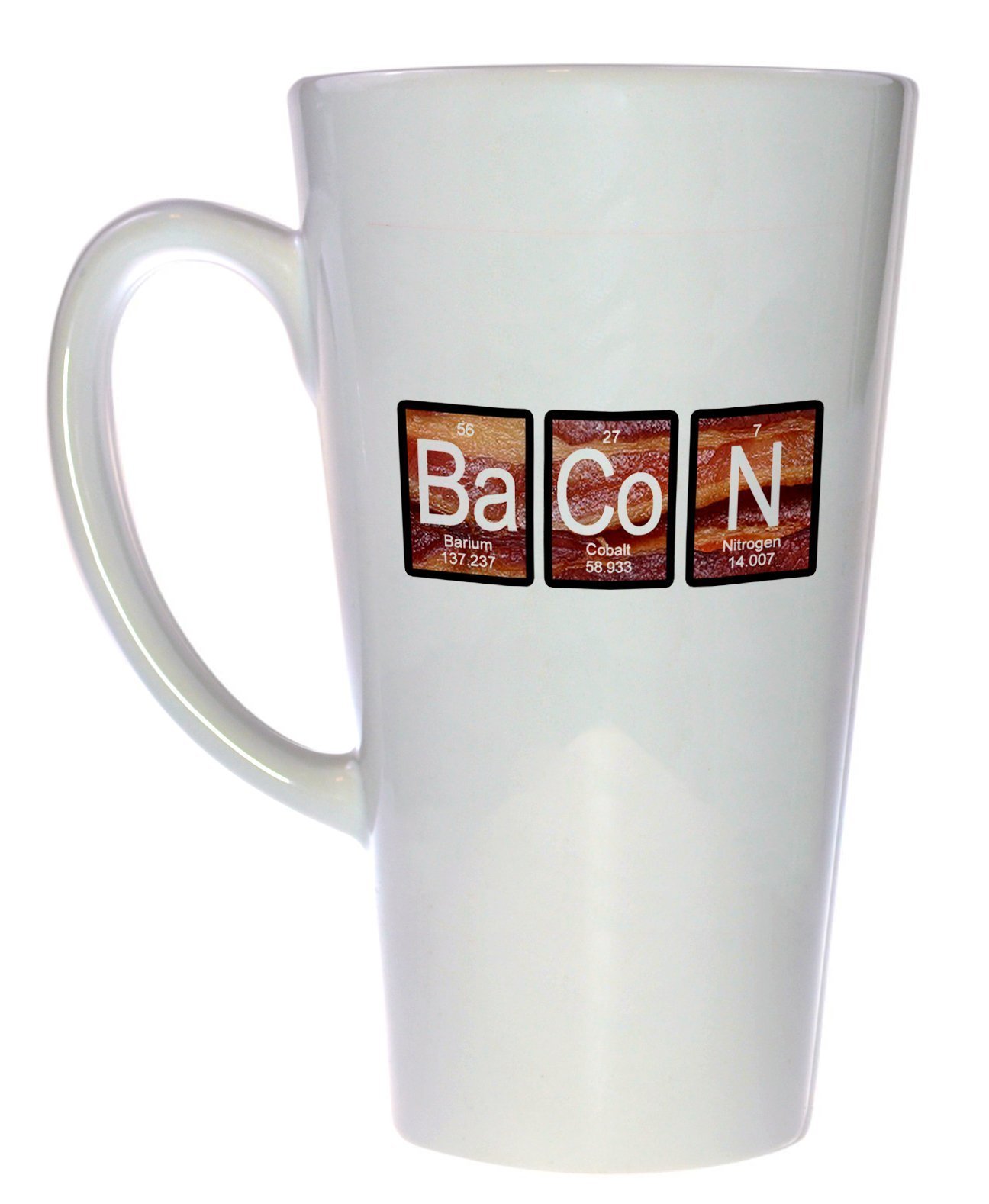 Bacon on Bacon Periodic Table Coffee Mug - 15oz Tall Ceramic Latte Tea Cup for Office, Home & Gifts - Funny Science Lover Gift for Chemists & Bacon Enthusiasts