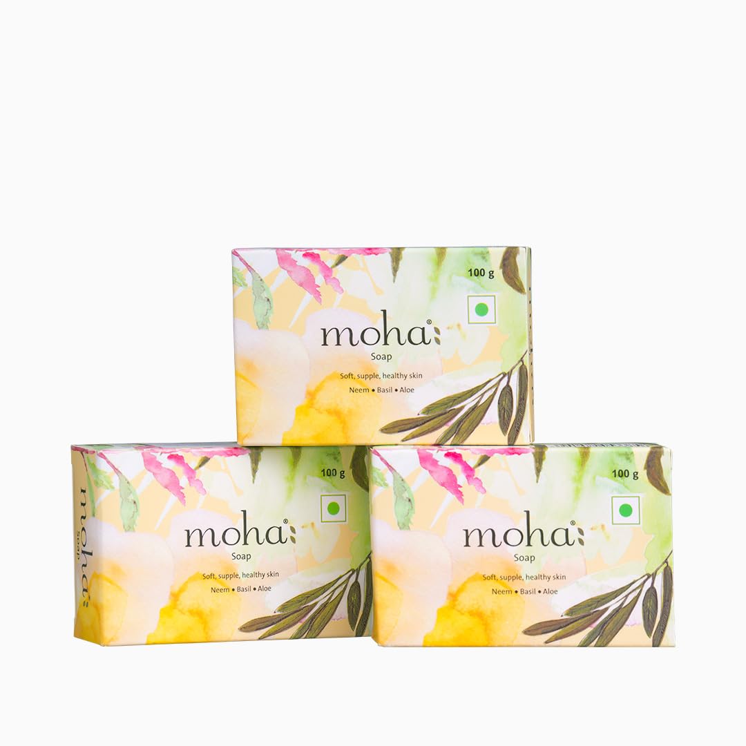 Organic Moha Herbal Soap Bar - Natural Aloe Vera, Basil & Neem Face & Body Cleanser | Gentle Unisex Bathing Bar for Sensitive Skin | 100g Each (Pack of 3) | Perfect for Daily Skincare Routine, Acne Treatment & Relaxing Bath Time