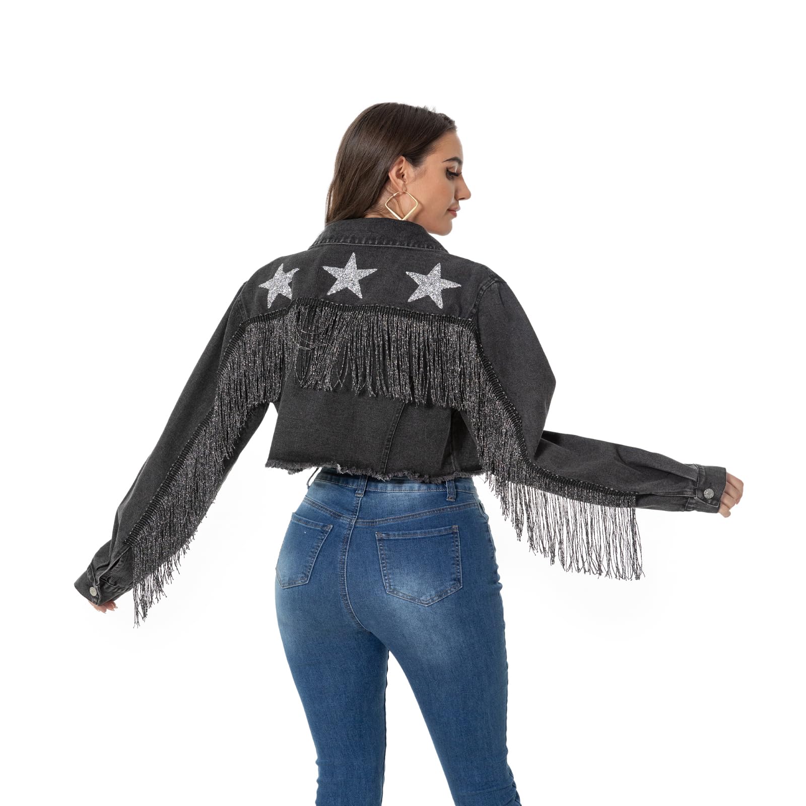 Distressed Cropped Denim Jacket for Women - Rhinestone & Fringe Embellished Long Sleeve Jean Coat | Perfect for Casual Outfits, Music Festivals & Boho Chic Style