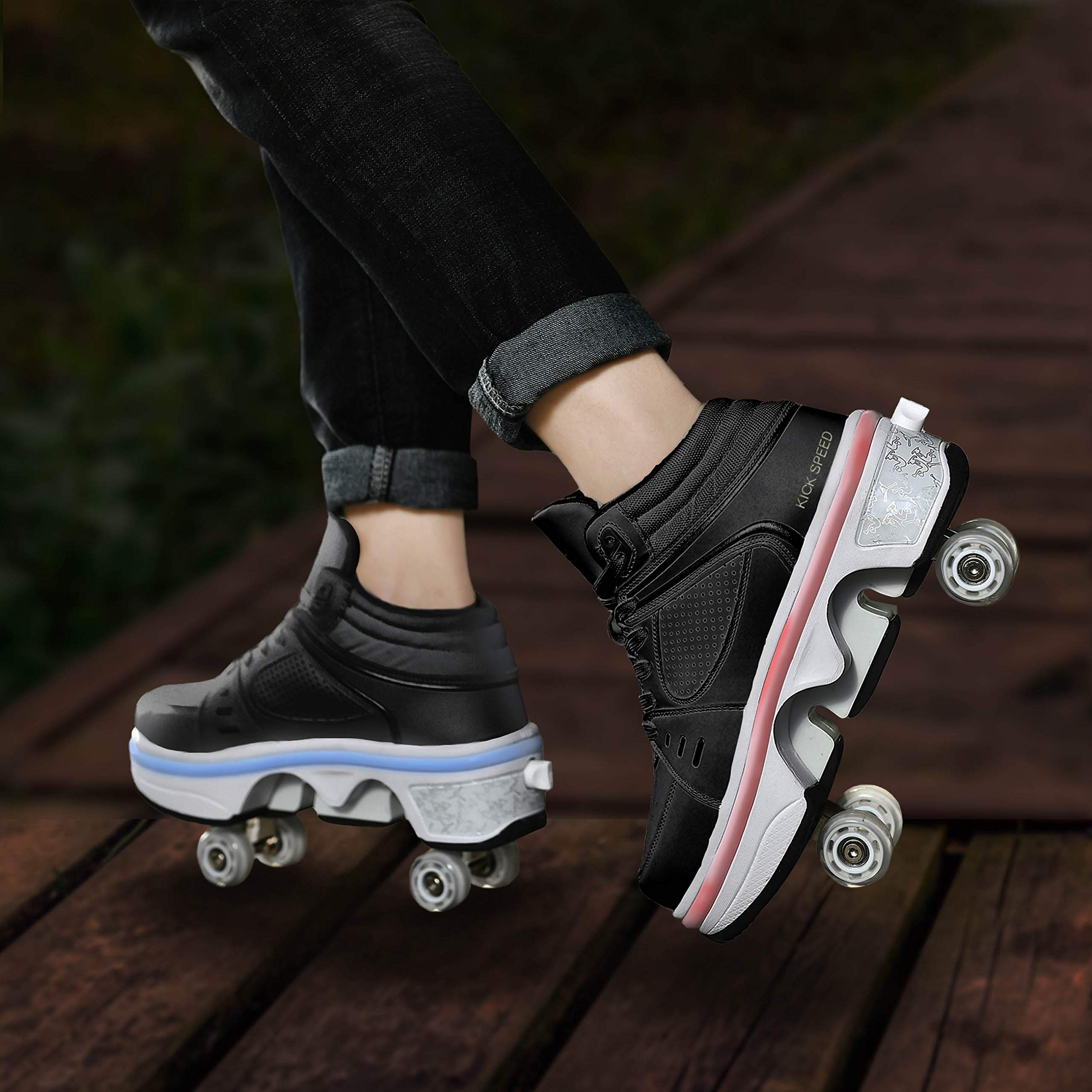2 in 1 Double-Row Deformable Wheel Roller Skates - 4 Wheel Running Shoes with Invisible Pulley for Parkour, Skating & Outdoor Sports - Perfect for Street Skating, Fitness Training and Extreme Sports