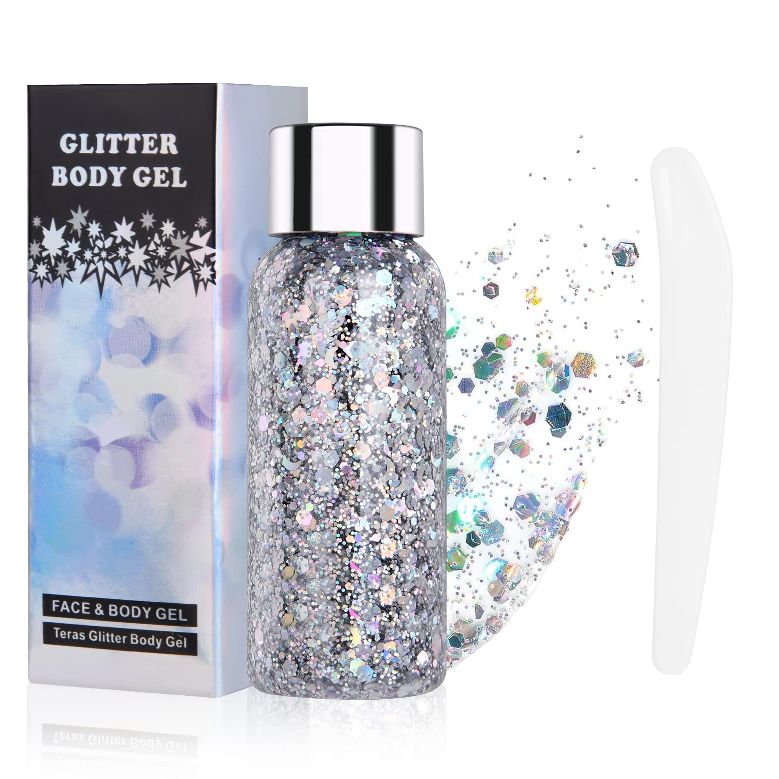 URAQT Holographic Mermaid Sequins Chunky Cosmetic Glitter Gel - Sparkling Face & Body Makeup for Festivals, Parties, Halloween & DIY Art (Silver) | Perfect for Eye, Hair, Nail Designs & Creative Projects