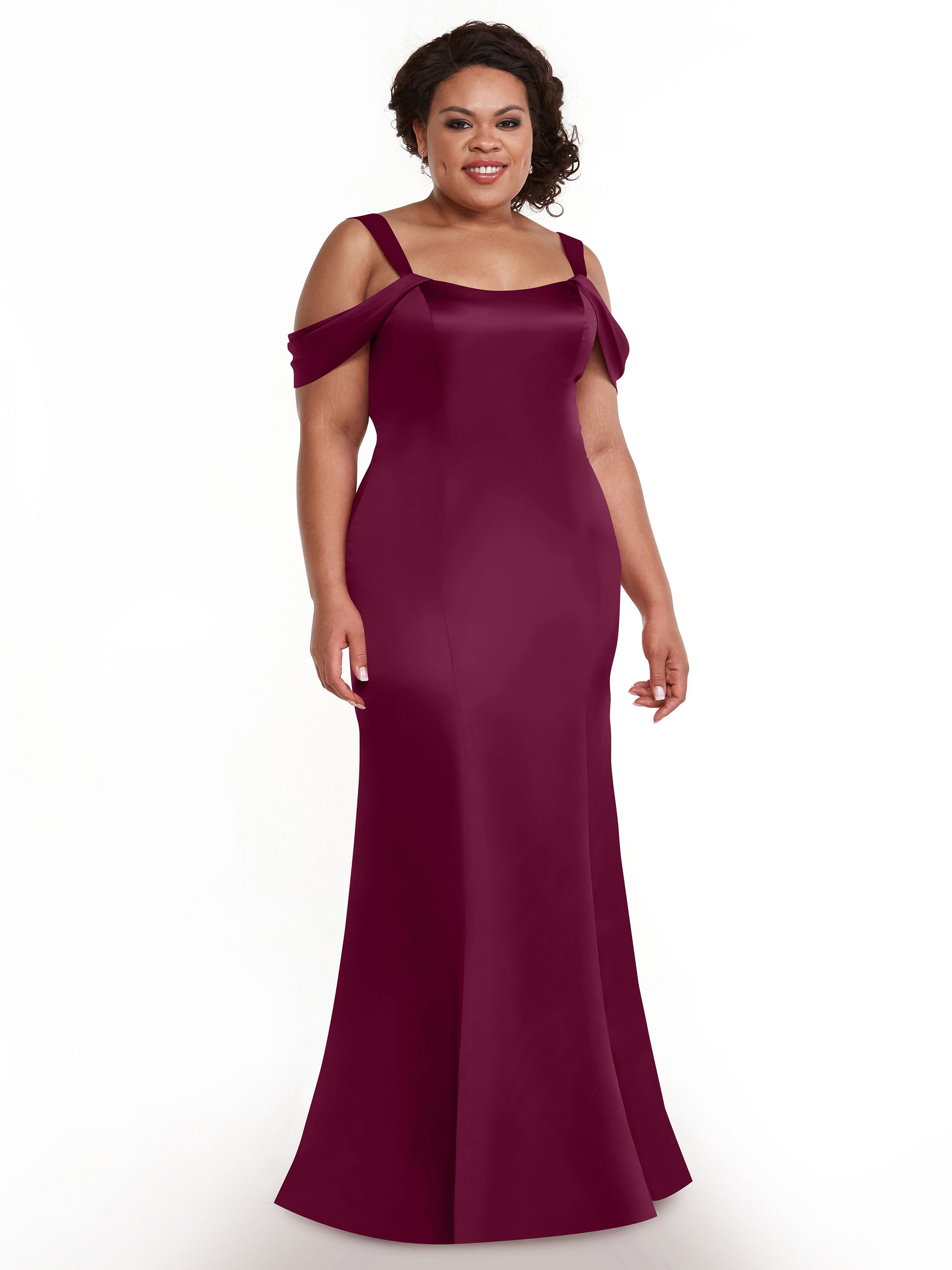 Elegant 80151 Fitted Satin Bridesmaid Dress with Off-The-Shoulder Sleeves - Perfect for Weddings, Formal Events & Special Occasions