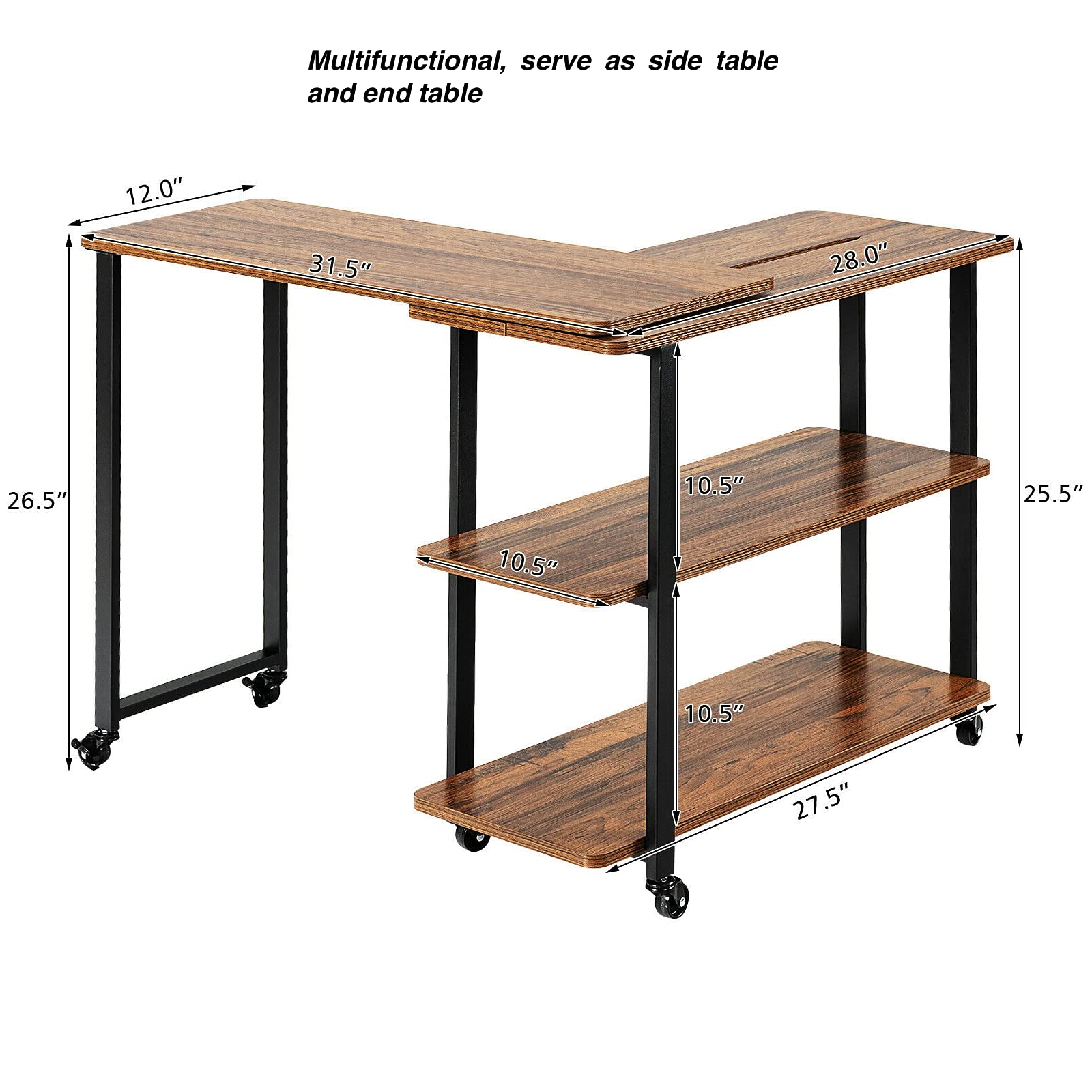 360° Rotating L-Shaped Side Table with 2-Tier Storage Shelf - Brown End Table for Sofa, Bookshelf, Computer Desk - Compact Home Office & Living Room Furniture (31.5
