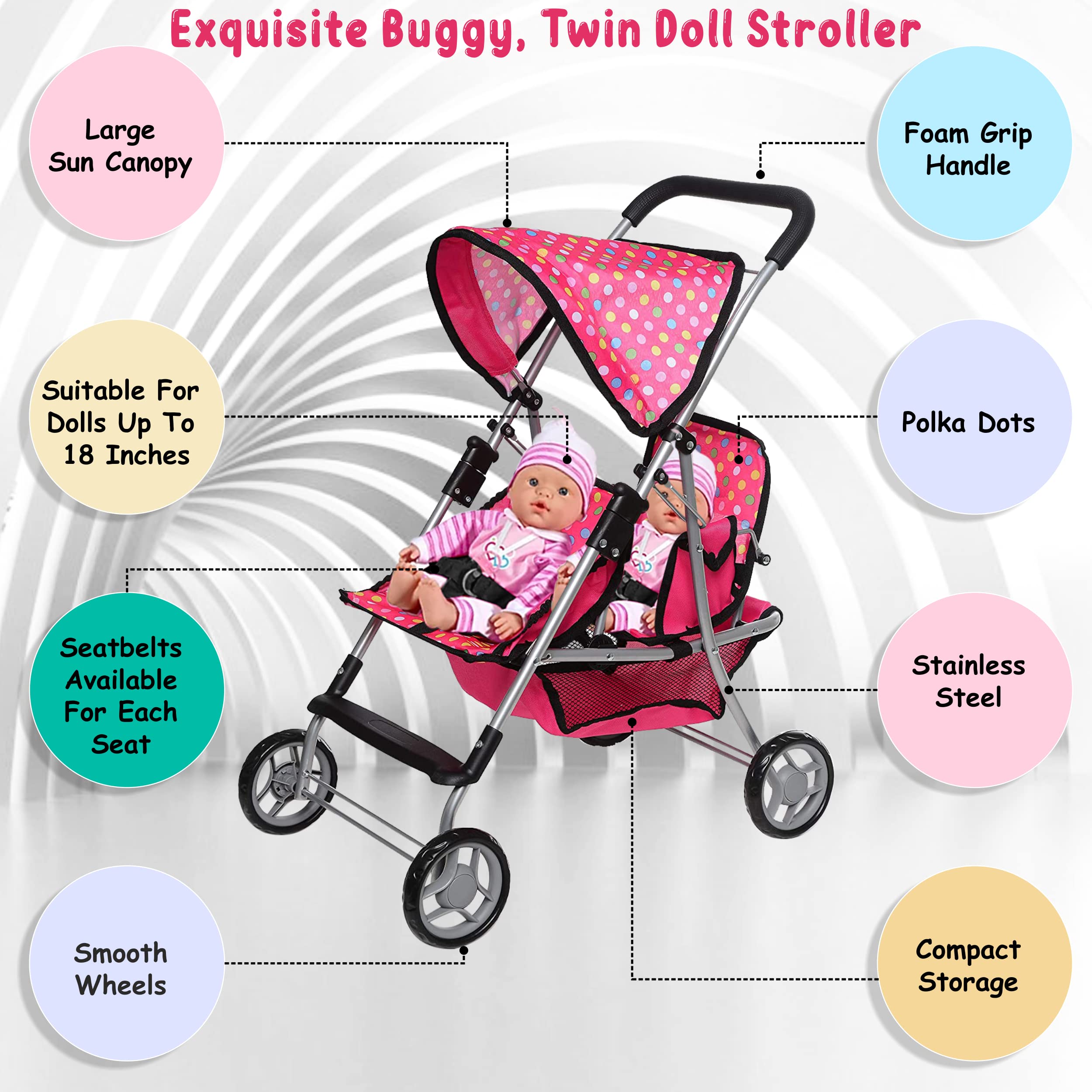 **Polka Dot Doll Stroller for Kids - Pretend Play Toy with Storage Basket for Doll Accessories - Perfect for Indoor & Outdoor Play, Birthday Gifts, and Role-Playing Fun**