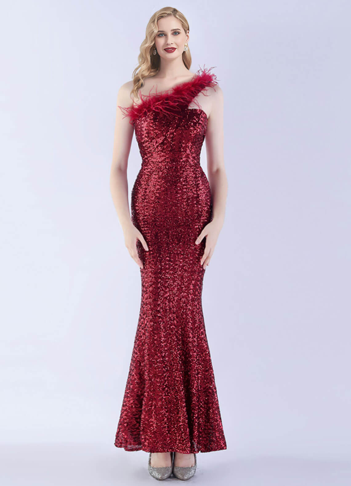Elegant Burgundy One Shoulder Feather Sequin Mermaid Evening Gown - Perfect for Prom, Gala, and Black Tie Events