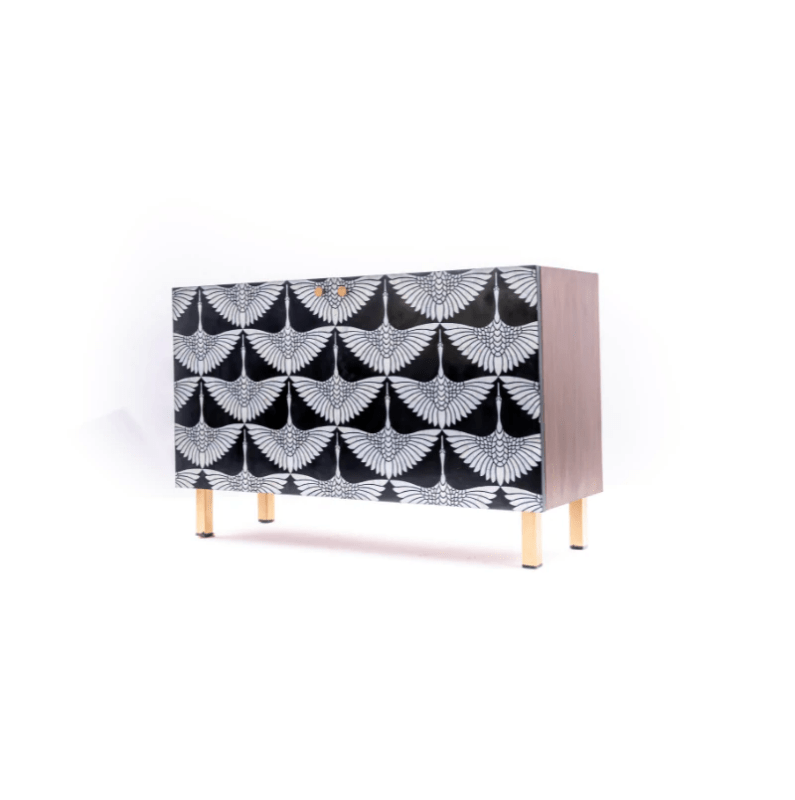 Handmade Bone Inlay Swan Buffet Table - Luxury Sideboard with Floral Design for Dining Room & Living Room Decor
