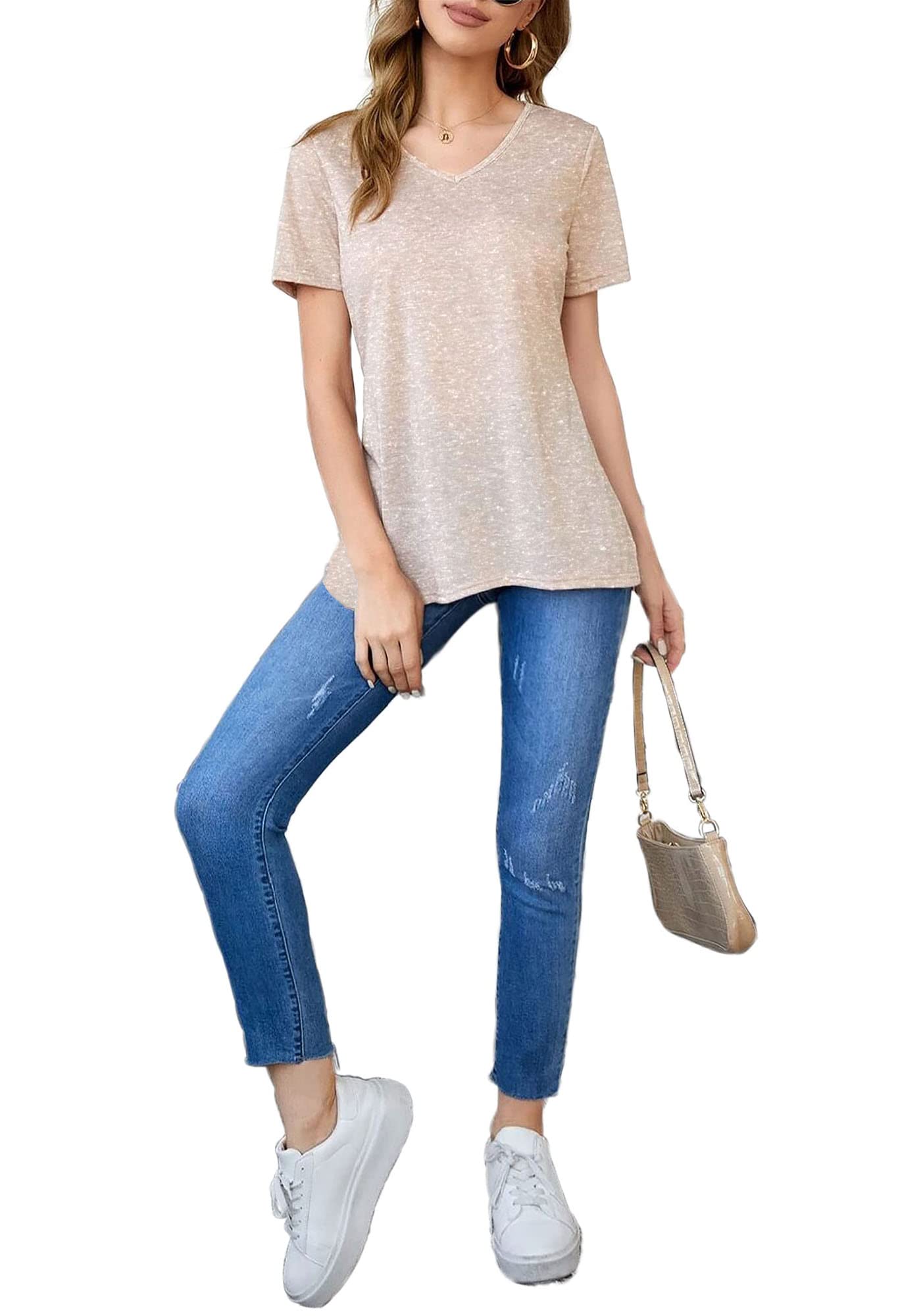 Women's Plus Size Short Sleeve V-Neck T-Shirts - Summer Loose Casual Blouses & Basic Tees for Trendy Fashion | Perfect for Beach Outings, Weekend Wear & Everyday Comfort