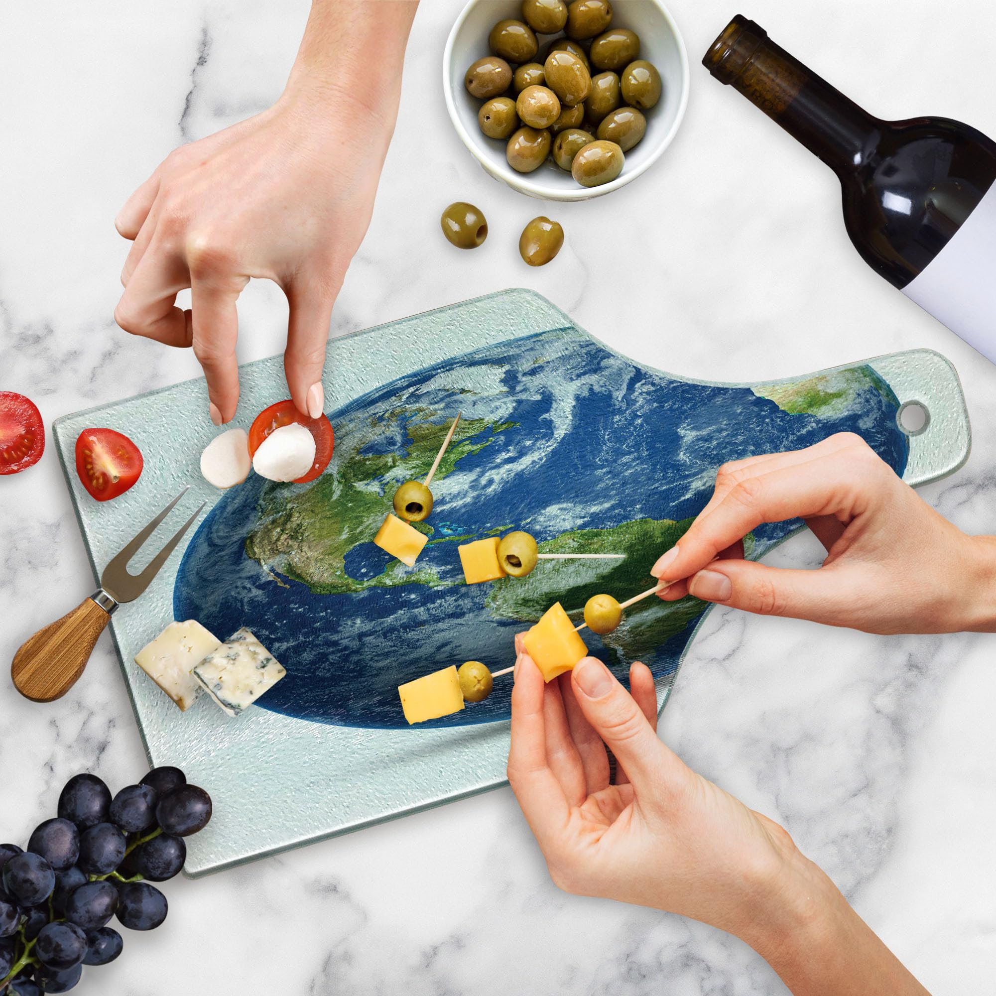 Lunarable World Map Cutting Board - Satellite View of Planet Earth with Continents & Clouds - Decorative Tempered Glass Serving Board for Kitchen & Dining - Wine Bottle Shaped in Navy Blue, Green & White - Perfect for Entertaining, Gift Giving & Home Decor