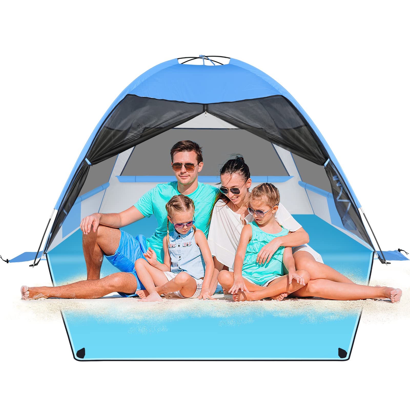 Large Beach Tent - UV Protection Sun Shelter for 3-4 People, Portable Outdoor Canopy with Extended Floor & 3 Mesh Windows - Perfect for Family Beach Trips, Camping, and Outdoor Adventures