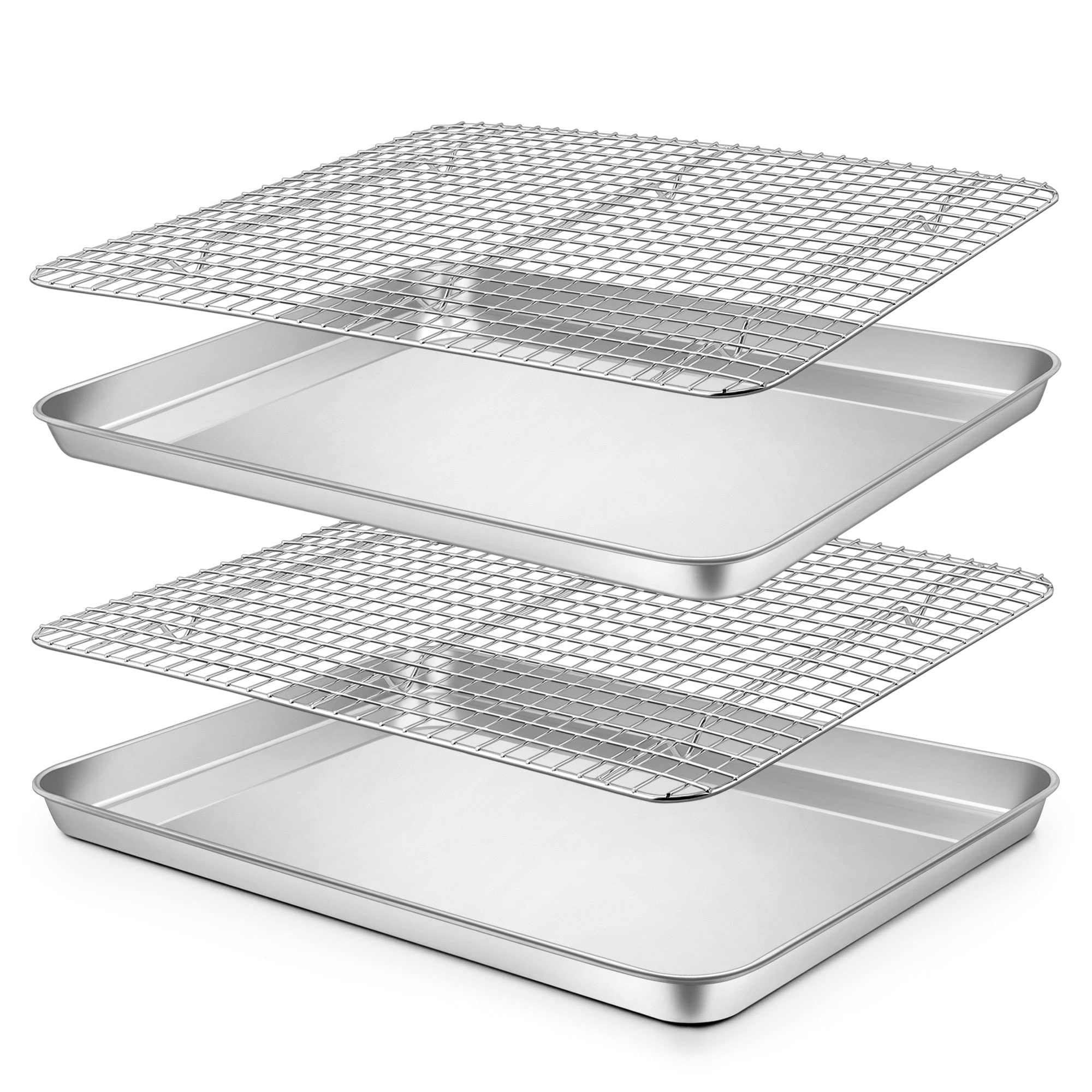 P&P CHEF Stainless Steel Baking Sheet and Cooling Rack Set (17.5 Inch, 4Pcs) - Large Oven Pan Tray for Cookies, Bread & Meats | Dishwasher & Oven Safe | Perfect for Baking, Roasting & Meal Prep
