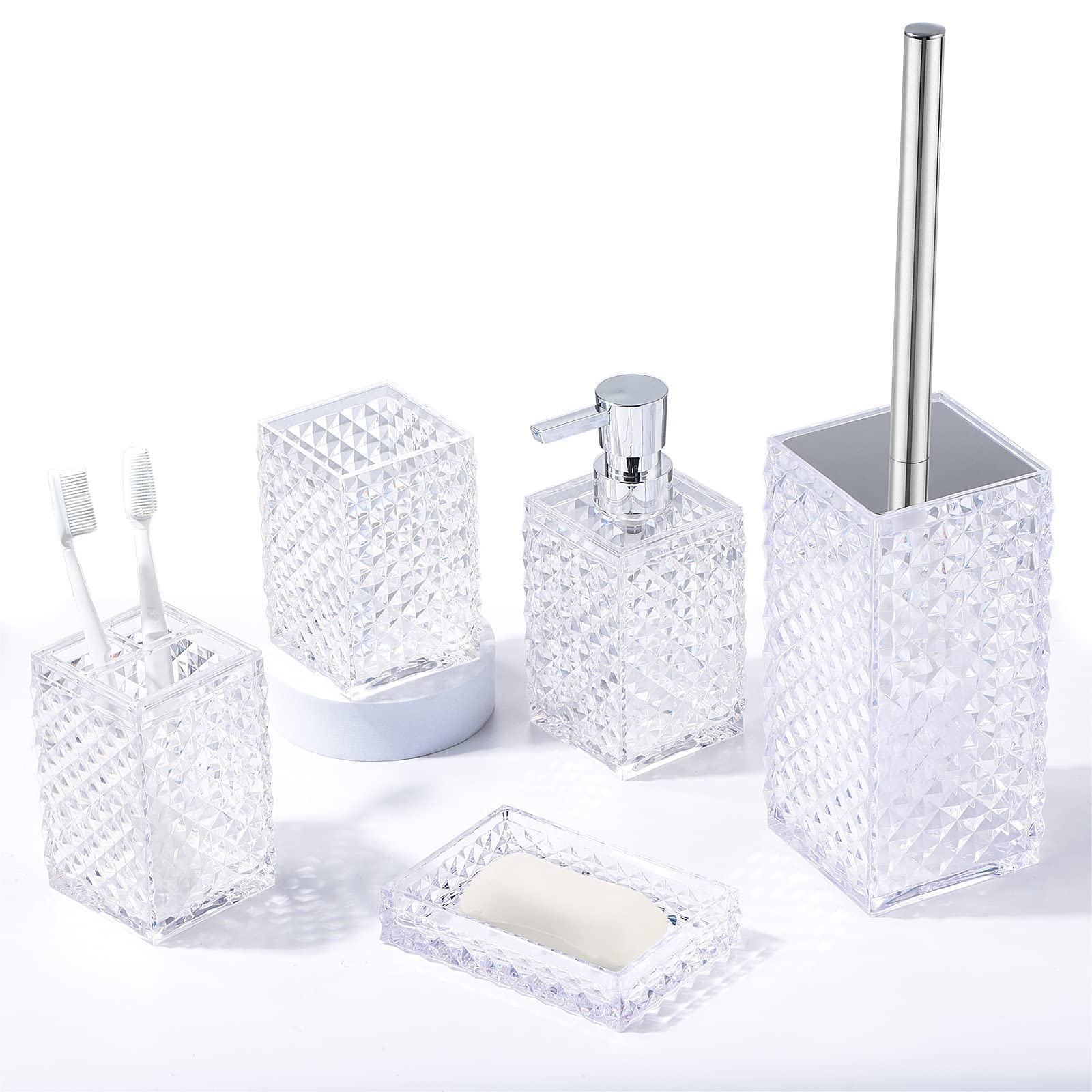 6-Piece Clear Acrylic Bathroom Accessories Set - Toothbrush Holder, Cup, Soap Dispenser, Toilet Brush Set & Soap Dish | Modern Bathroom Decor | Housewarming Gift for New Home, Apartment or Dorm
