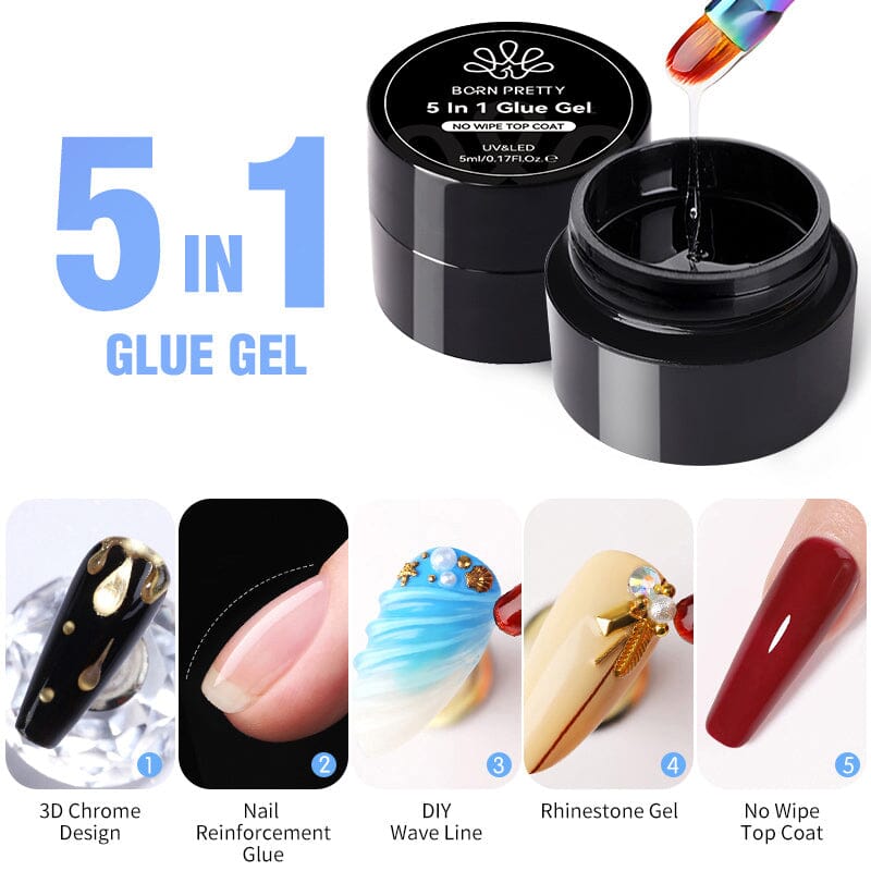5 in 1 Clear Nail Glue Gel - 5ml Bottle for Acrylic Nails, Press On Nails, Nail Tips & Nail Art - Strong & Long Lasting Adhesive for Professional & DIY Manicures