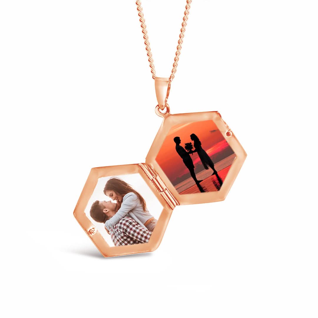 Hexagon Locket Necklace for Men - Rose Gold Pendant Jewelry Gift for Boyfriend, Husband, Father | Anniversary, Birthday, Valentine's Day Present