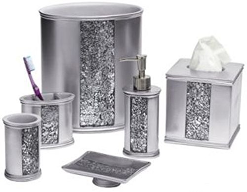 Sinatra Silver 6-Piece Resin Bath Accessory Set with Cracked Glass Design - Luxury Bathroom Decor for Spa, Hotel & Home Use