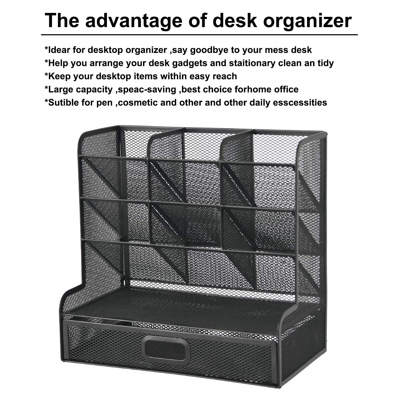 Marbrasse Mesh Desk Organizer - Multi-Functional Pen Holder & Stationery Storage Rack for School, Home, Office & Art Supplies (Black Mesh with Drawer) - Perfect for Workspace Organization & Craft Storage