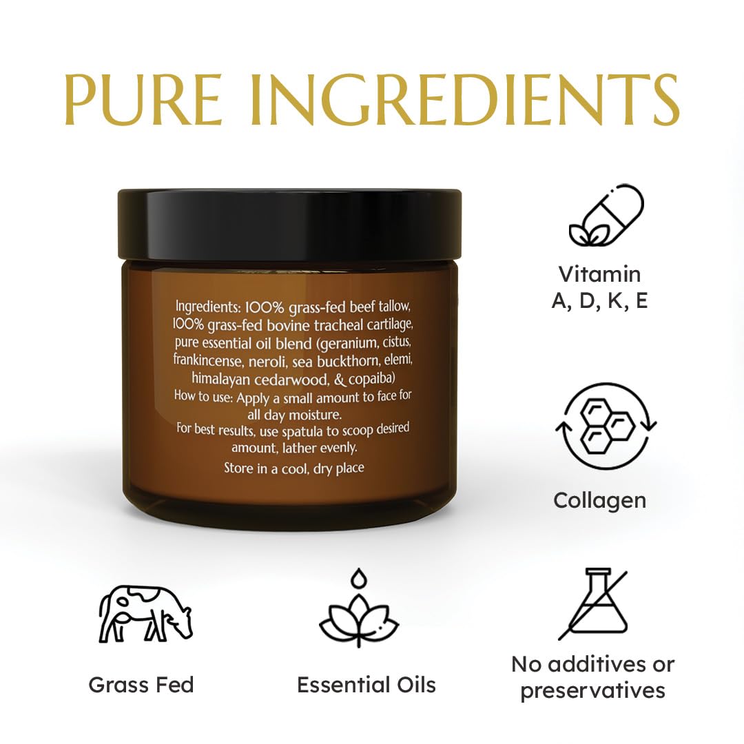 Organic Grass-Fed Tallow Face Balm with Essential Oils & Collagen Peptides - Nourishing, Soothing & Hydrating Skin Care for Morning Routine - Revitalizes & Renews Skin Naturally - Phthalate & Preservative Free - Perfect for Dry Skin & Anti-Aging Daily Use