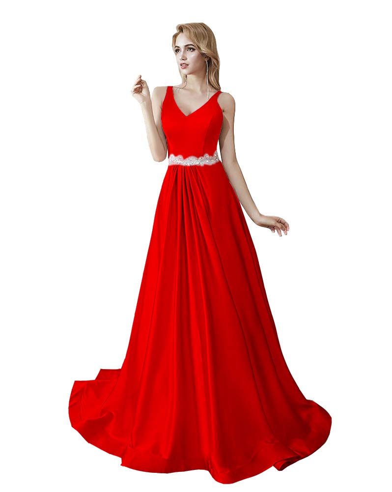 Elegant Women's Red V-Neck Formal Evening Dress with Open Back & Crystal Belt - Perfect for Prom, Gala, and Special Occasions