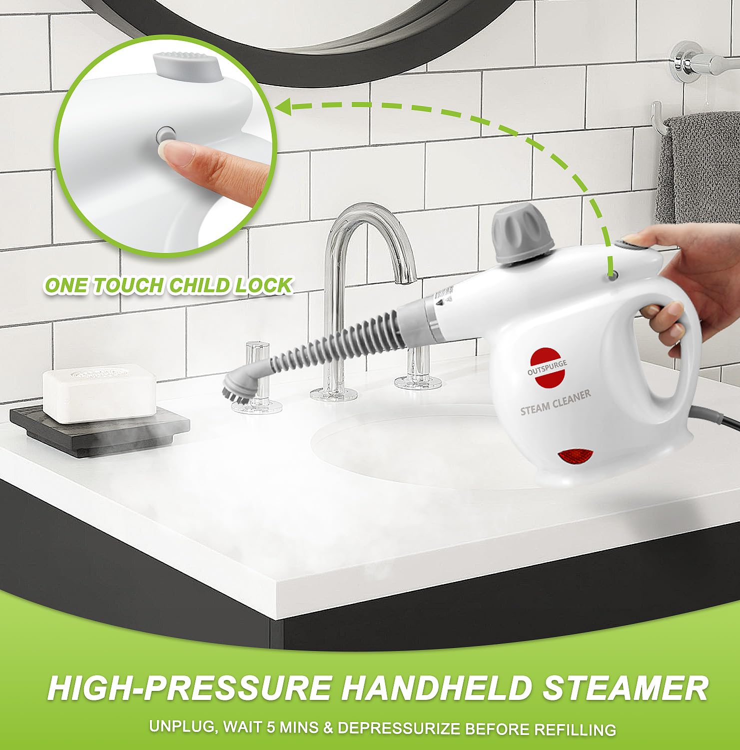 **Multi-Surface Handheld Steam Cleaner with 13 Accessories – Powerful Pressurized Steam Shot for Floors, Upholstery, Grout, Windows, Couches & Cars – Safe & Easy Cleaning with Safety Lock (White) – Perfect for Home, Office & Auto Detailing**