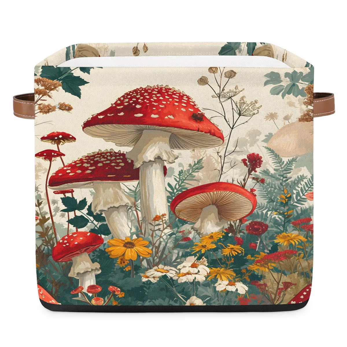 13 Inch Collapsible Mushroom Flower Storage Basket with Leather Handle - Foldable Organizer Bin for Closet, Shelves & Home Decor | Perfect for Bedroom, Bathroom & Laundry Room Organization