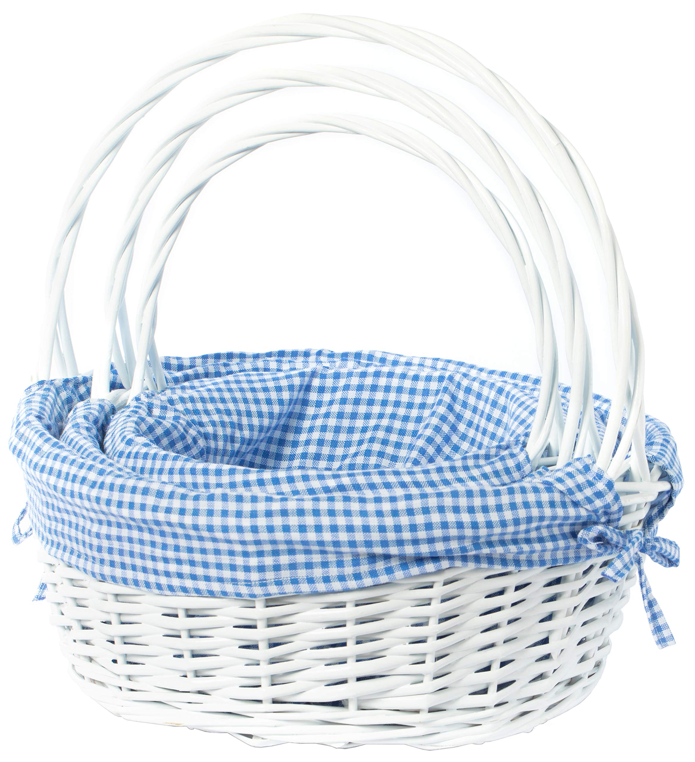 Premium White Round Willow Gift Baskets with Blue Gingham Liner & Handle - Set of 3 for Home Decor, Wedding Favors, Easter Gifts & Party Decorations