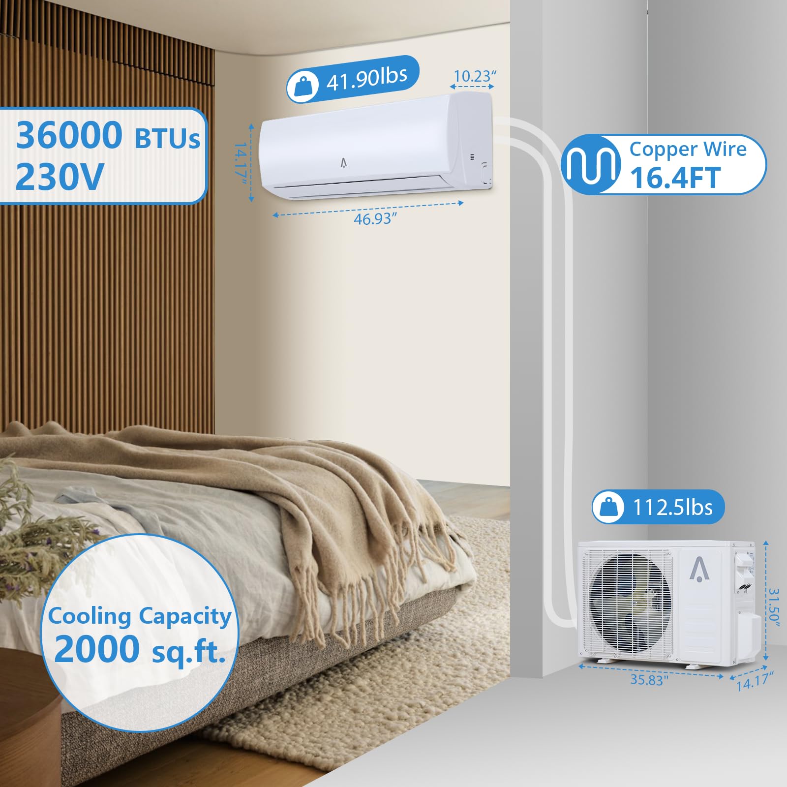 GARVEE 36000 BTU WiFi Enabled Ductless Mini Split Air Conditioner & Heat Pump - 19 SEER2, R454B Refrigerant, 230V Inverter AC Unit with Pre-Charged Condenser - Covers Up to 2000 Sq.Ft for Home, Office & Garage Cooling & Heating