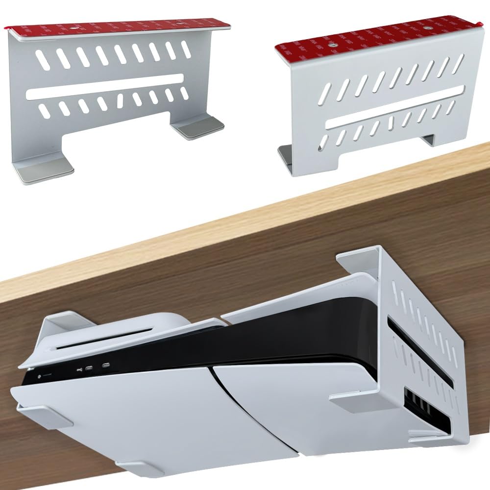 Under Desk Mount for PS5 Slim & PS5 - Chanvoo Aluminum Under Desk Holder Compatible with PlayStation 5 Slim/PS5 Disc & Digital Edition - No Drill Installation (White) - Perfect for Gaming Setup, Office & Bedroom Organization
