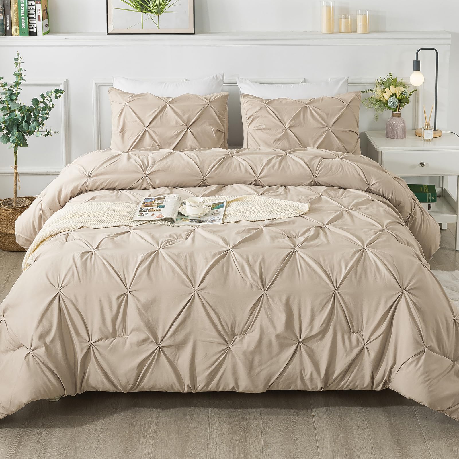 Andency Khaki Pinch Pleat Comforter Set Twin Size 66x90 Inch - 2 Piece Microfiber All Season Down Alternative Bedding (Comforter + Pillowcase) - Soft Pintuck Design for Cozy Bedroom Decor & Guest Room Essentials