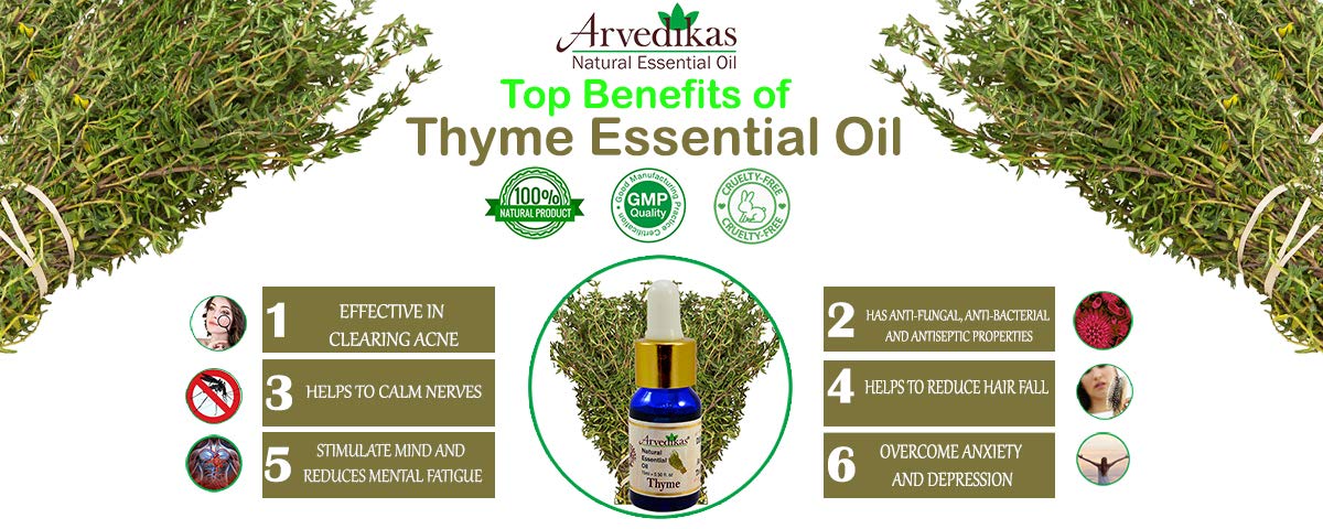 100% Pure Thyme Essential Oil - 10ml, Natural & Undiluted for Aromatherapy, Massage & Skin Care | Arvedikas