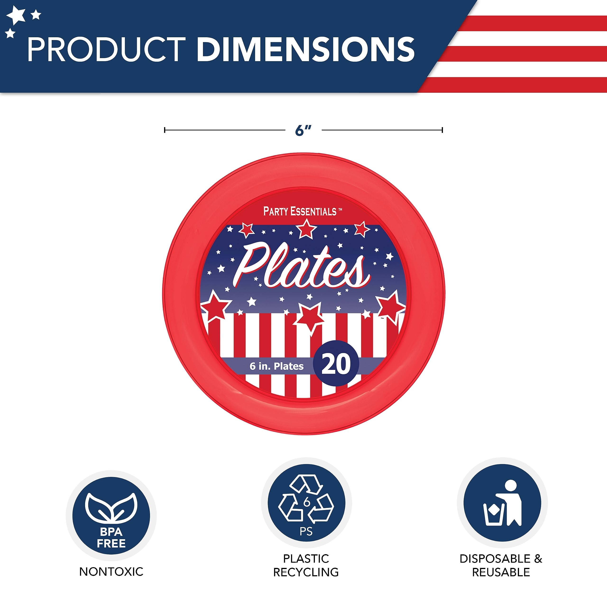 Patriotic Party Plates - 6 Inch Disposable Hard Plastic Plates in Red, White & Blue - 20 Count for 4th of July, Memorial Day & Independence Day Celebrations