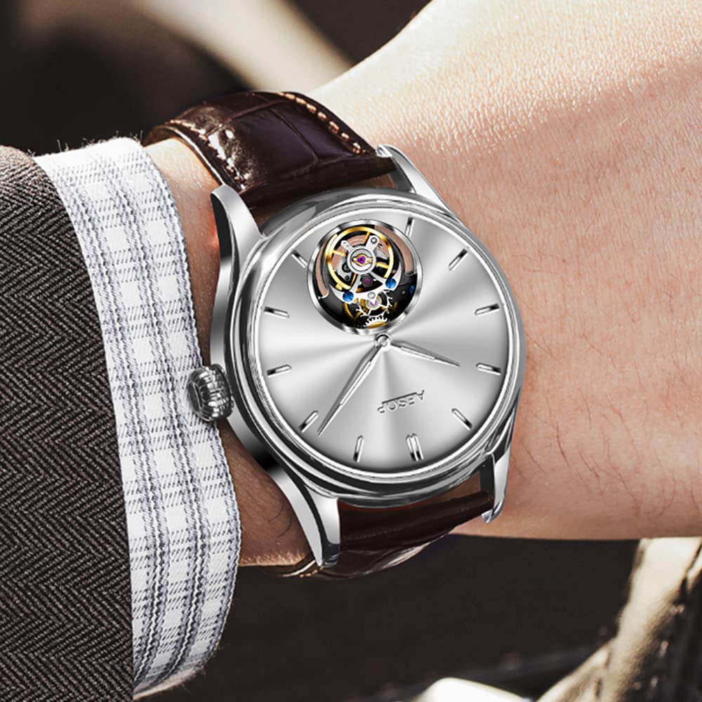 Luxury AESOP Tourbillon Mechanical Hand-Wind Watch for Men - Stainless Steel Skeleton Design, Sapphire Crystal, Waterproof - Perfect Dress & Business Timepiece - Ideal Gift for Him (Model 7040) | Formal Events, Office Wear, Special Occasions