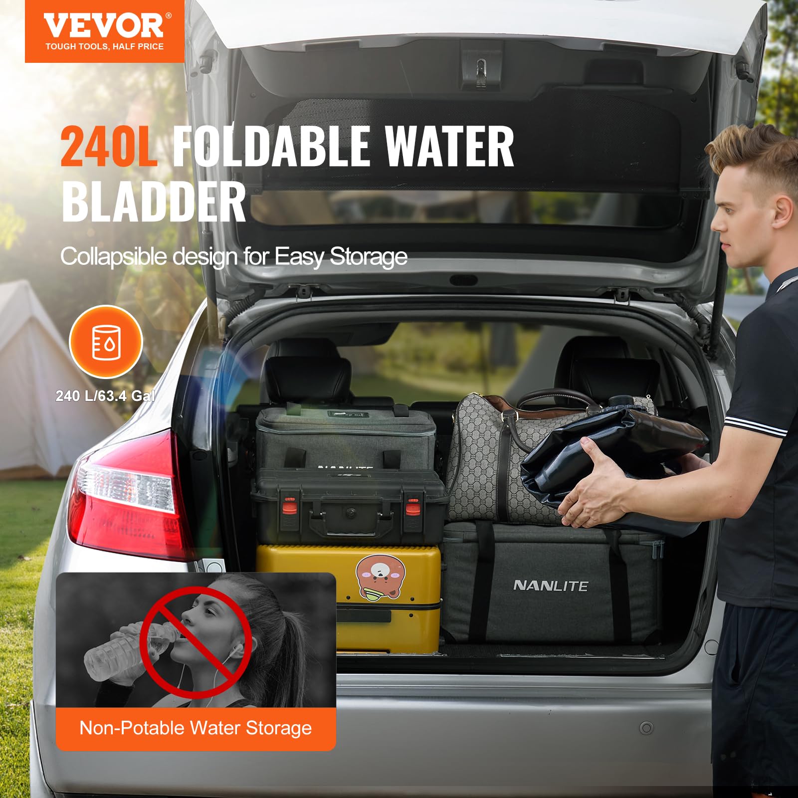 VEVOR 240L/63.4 Gallon Portable Water Storage Bladder - Heavy Duty 1000D PVC Collapsible Water Tank for RV, Camping, Emergency & Fire Prevention | Outdoor, Survival & Disaster Preparedness Essential